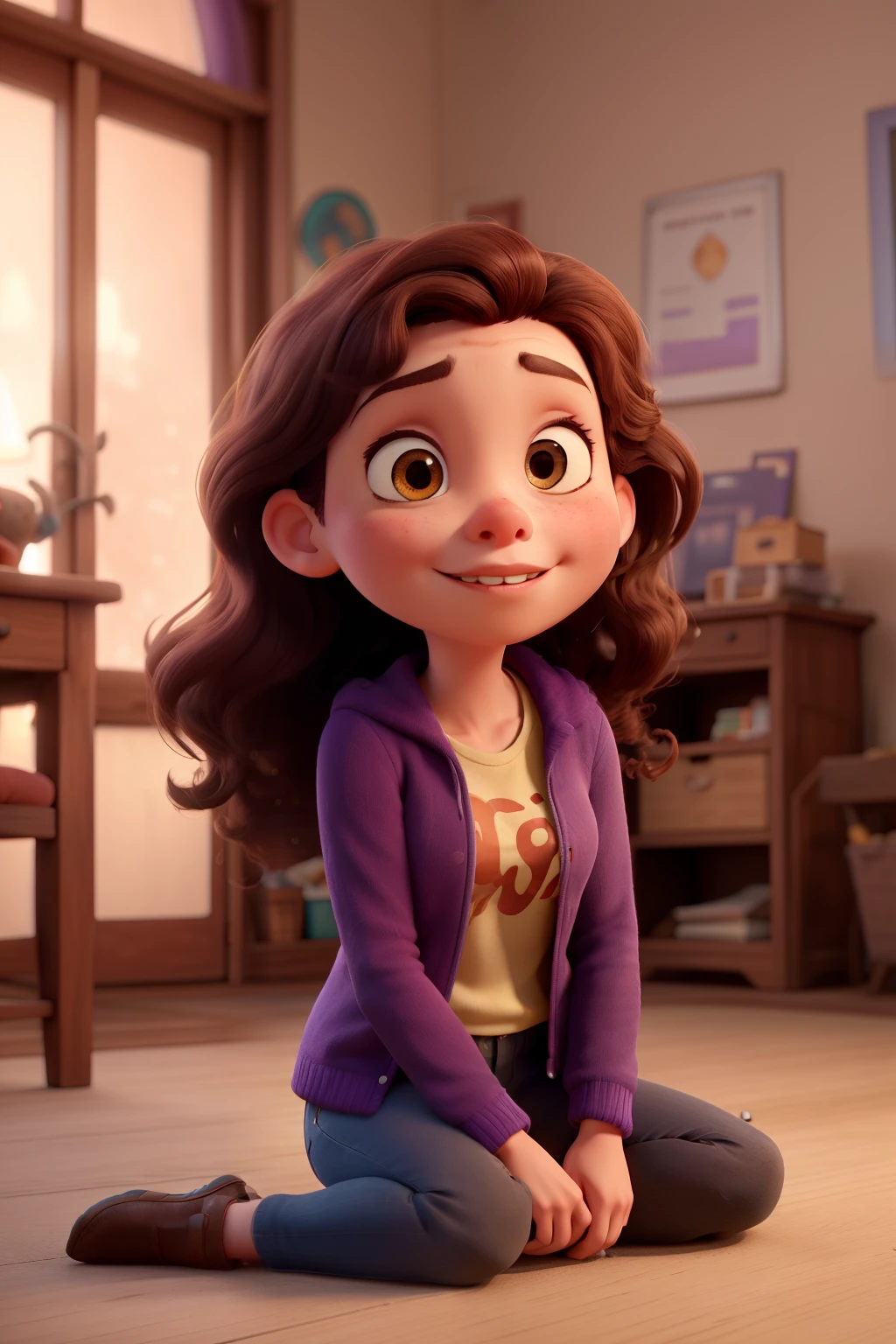 pixar style, adult woman with long brown curly hair. sitting on the floor, wearing a purple outfit. a brown bull with a red jacket