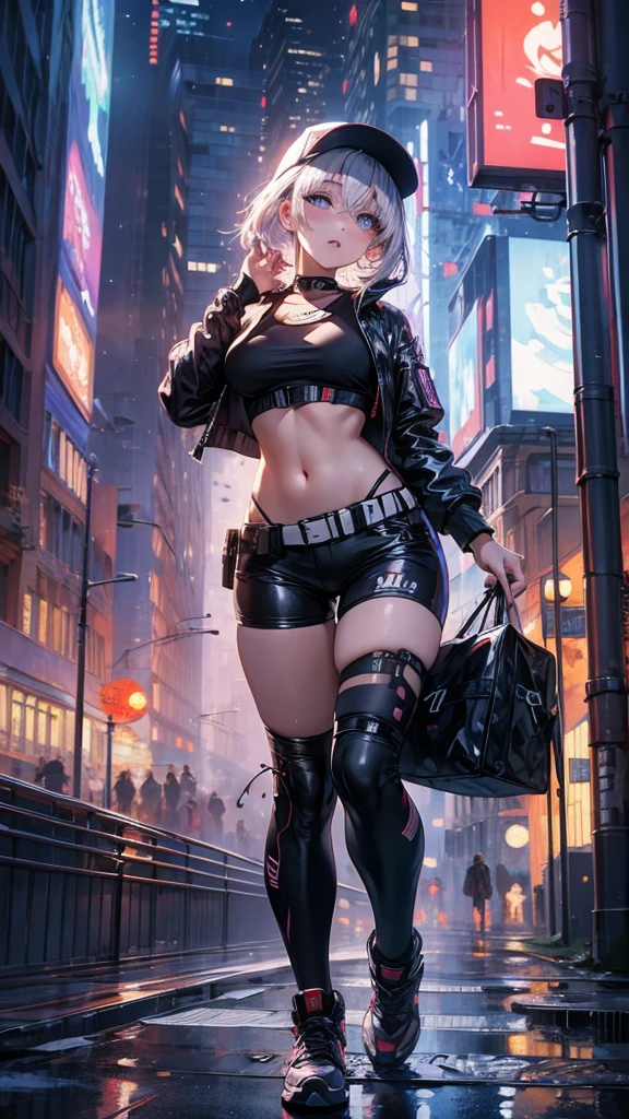 masterpiece, best quality, 4k, UHD, mishoujo, beautiful eyes and detailed face, illustration, beautiful detailed, high resolution illustration, glowing_white_particles, 1girl, white hair, light purple eye, hair over one eye, short sidetail, baseball cap,expressionless, window shade, black jacket, chest rig, cyberpunk, techwear,(Impressionism:1.4), full body portrait, cyberpunk city background, looking serious