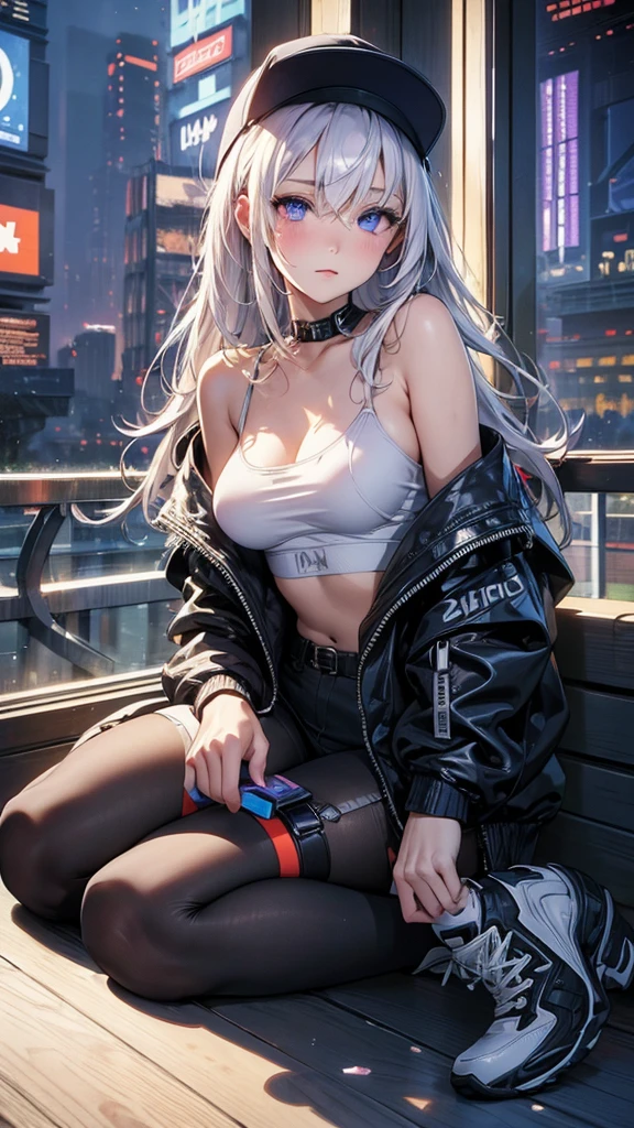 masterpiece, best quality, 4k, UHD, mishoujo, beautiful eyes and detailed face, illustration, beautiful detailed, high resolution illustration, glowing_white_particles, 1girl, white hair, light purple eye, hair over one eye, short sidetail, baseball cap,expressionless, window shade, black jacket, chest rig, cyberpunk, techwear,(Impressionism:1.4), full body portrait, cyberpunk city background, looking serious