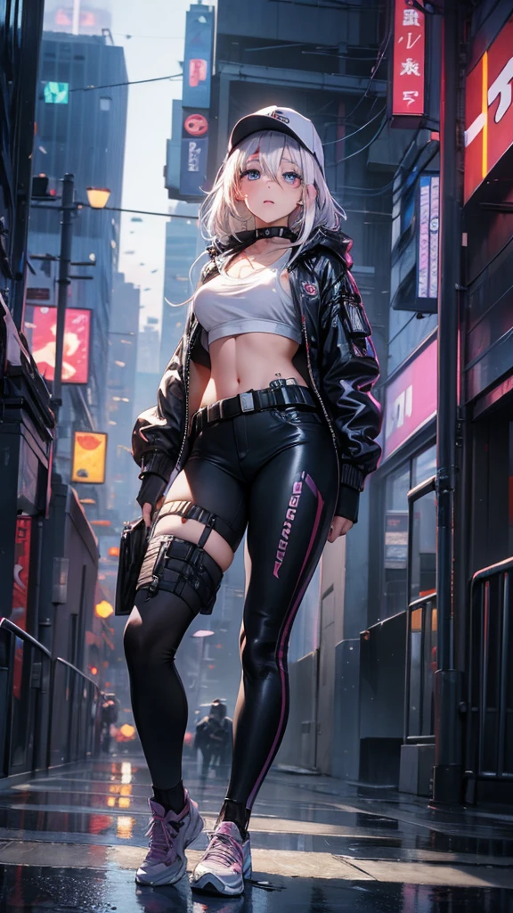 masterpiece, best quality, 4k, UHD, mishoujo, beautiful eyes and detailed face, illustration, beautiful detailed, high resolution illustration, glowing_white_particles, 1girl, white hair, light purple eye, hair over one eye, short sidetail, baseball cap,expressionless, window shade, black jacket, chest rig, cyberpunk, techwear,(Impressionism:1.4), full body portrait, cyberpunk city background, looking serious