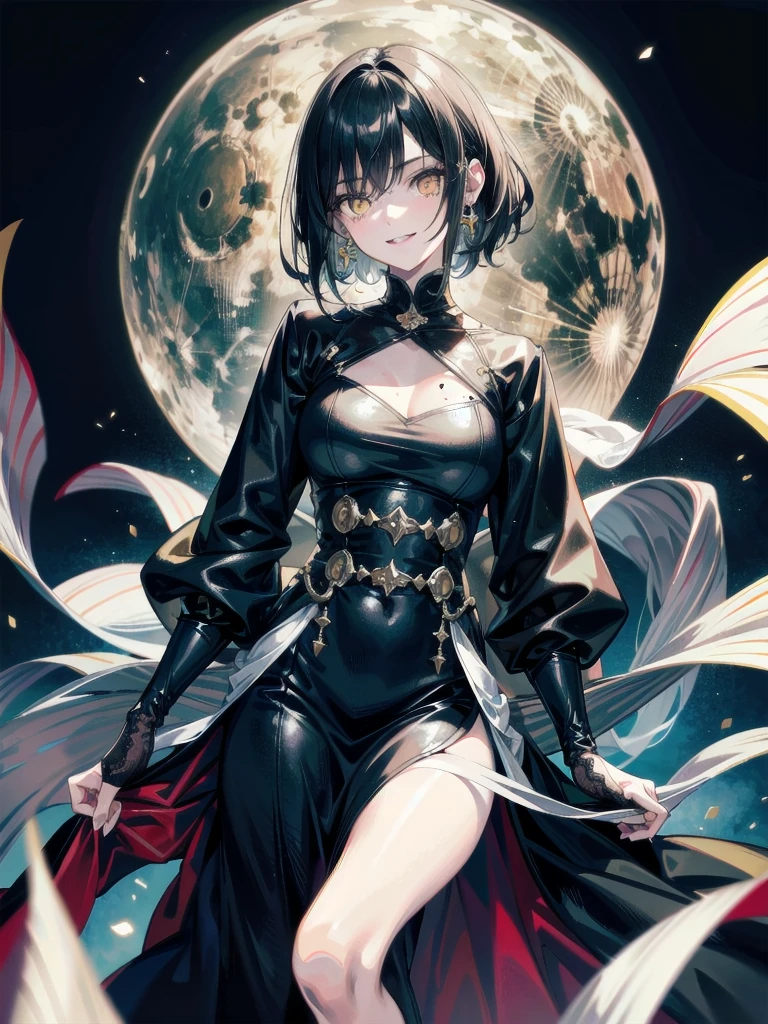whole body, creepy woman, long hair, floating hair, yellow eyes, creepy smile, fangs, absurdres, RAW photo, extremely delicate and beautiful, masterpiece, Best Quality, ultra high resolution, 32k, hyperrealistic, ultra-detailed, detailed description, pale skin, 20 years old, detailed beautiful face and eyes, tearful mole, earring, Colossal tits, short medium hair, wavy hair,