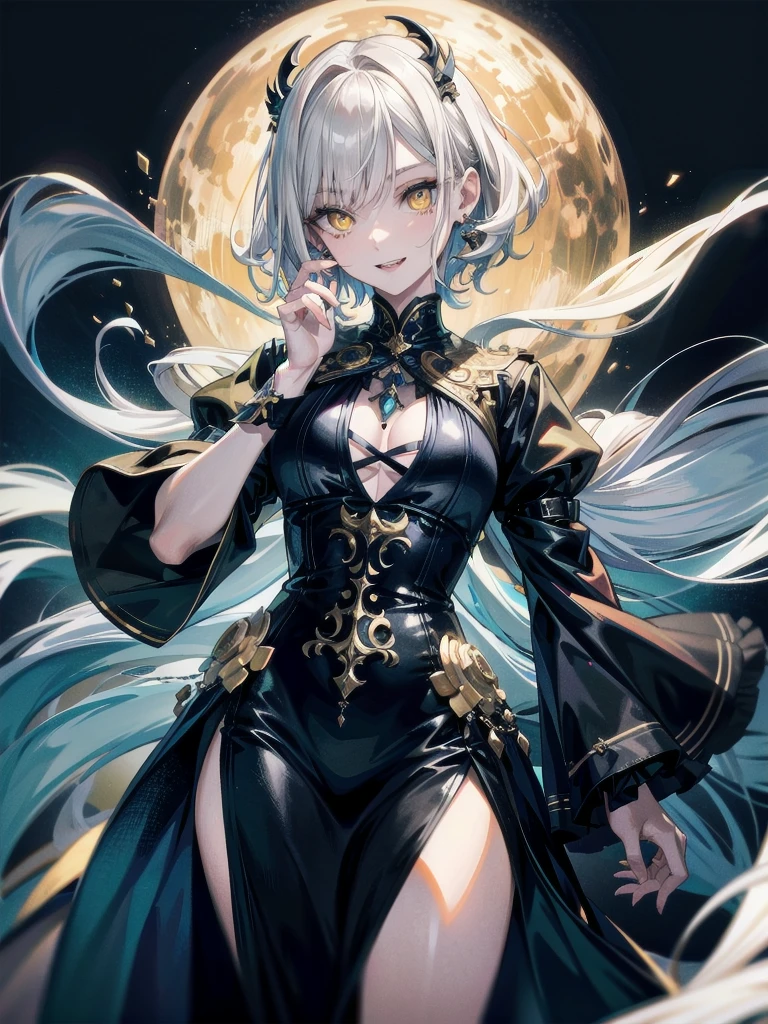 whole body, creepy woman, long hair, floating hair, yellow eyes, creepy smile, fangs, absurdres, RAW photo, extremely delicate and beautiful, masterpiece, Best Quality, ultra high resolution, 32k, hyperrealistic, ultra-detailed, detailed description, pale skin, 20 years old, detailed beautiful face and eyes, tearful mole, earring, Colossal tits, short medium hair, wavy hair,