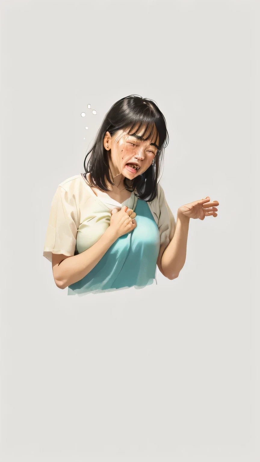 Close-up of a middle-aged Asian woman crying, Hand drawn illustration, Woman crying, Crying and stretching out arms, feeling of disgust, cough, disgust. Fear stimulates emotions, Cartoon Style, Simple illustration, very sad emotion, Light background, With a hurt expression