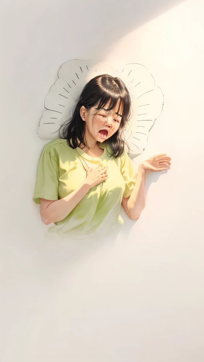 Close-up of a middle-aged Asian woman crying, Hand drawn illustration, Woman crying, Crying and stretching out arms, feeling of disgust, cough, disgust. Fear stimulates emotions, Cartoon Style, Simple illustration, very sad emotion, Light background, With a hurt expression