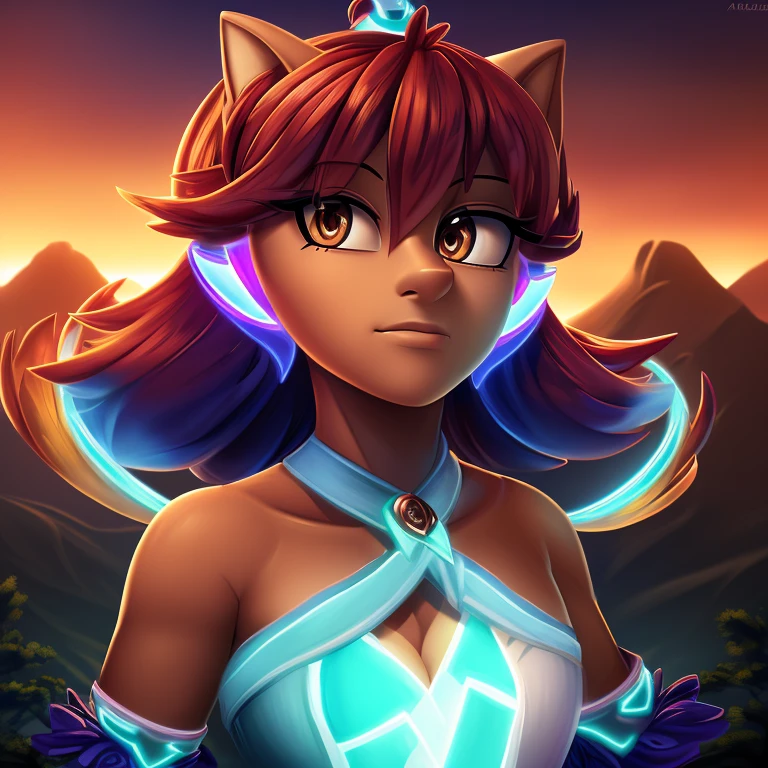 (AzariFiredancer:1.5), (dark skin, red hair, brown eyes), red to orange gradient hair, (realistic:1.2), (masterpiece:1.2), (full-body-shot:1),(Cowboy-shot:1.2), neon lighting, dark romantic lighting, (highly detailed:1.2),(detailed face:1.2), (gradients), colorful, detailed eyes, (detailed landscape:1.2), (natural lighting:1.2), close shot, solo, 1girl,  