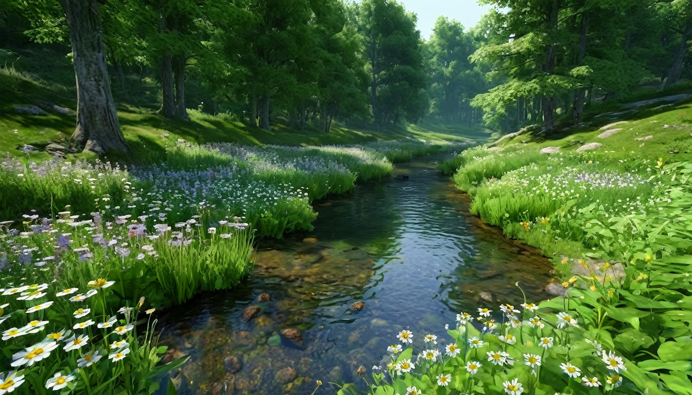 (highest quality)), (There are no photos of people), in the forest, Frog, Quiet river, Waterside wildflowers, stream, stone, An illustration