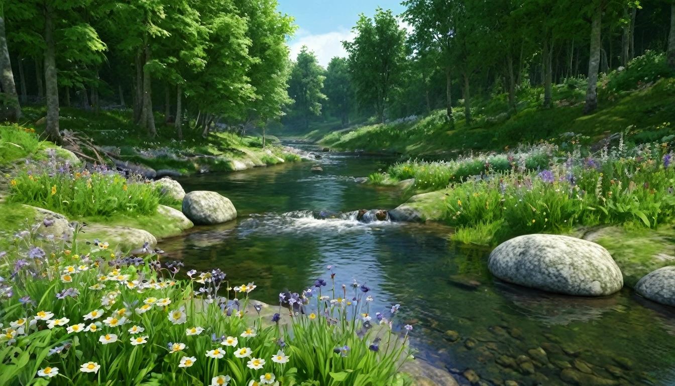 (highest quality)), (There are no photos of people), in the forest, Frog, Quiet river, Waterside wildflowers, stream, stone, An illustration