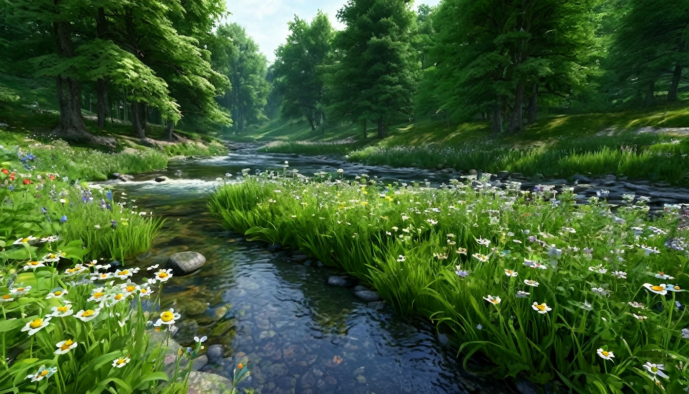 (highest quality)), (There are no photos of people), in the forest, Frog, Quiet river, Waterside wildflowers, stream, stone, An illustration