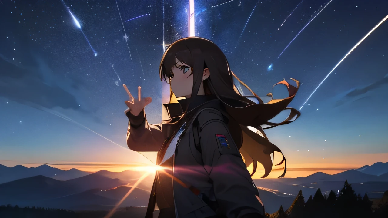 night,Starry Sky,Meteor Showers,Mountaintop Observatory,First-person perspective,The protagonist extends his right hand,A girl with long brown hair,The two fingers interlocked,Girl's shy expression