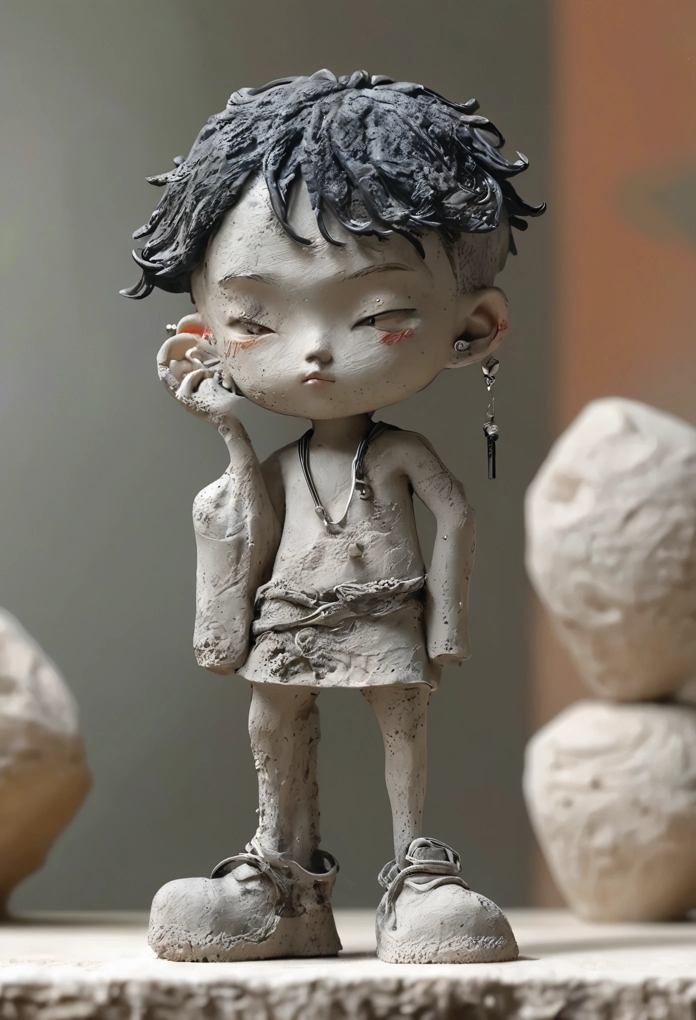 (masterpiece, best quality:1.2),Ultra-light clay，soil，Clay，Rough knitted texture，Old，Dirty， Mineral pigments，3DClayclay sculpture艺术，clay sculpture，Rough surface，（1boy,earrings,jewelry,male focus,piercing,red eyes,sandals,solo,tattoo