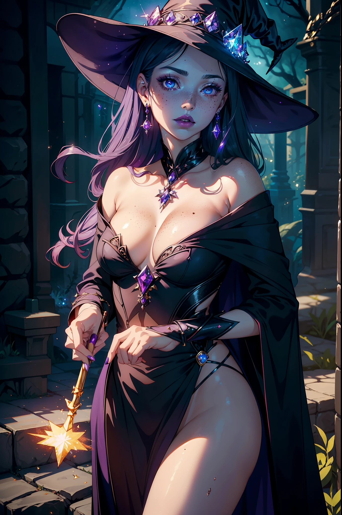 (Masterpiece), High Quality, 1 girl, witch, work magic, Sparkling,
(Stunningly detailed Witch costume with pointy hat and long flowing robes),
(Glistenning broomstick with intricately carved details),
(Sky-blue eyes twinkling with excitement and concentration),
(Smoke and Sparks emanating from fingertips as she casts a spell),
(Elegant wand made of rare crystals and precious metals),
(Moles and freckles on her face magically glowing with an ethereal light),
(Red and purple lipstick, accentuating her pouty lips),
(Realistic