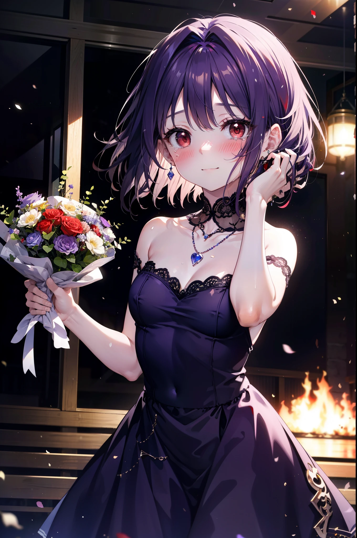 yuukikonno, Yuki Konno,Long Hair, tiara,Pointed Ears, Purple Hair, (Red eyes:1.5), (Small breasts:1.2), smile,Purple Dress,Purple long skirt,Purple stiletto heels,Sleeveless,Expose your shoulders,Bare arms,Bare neck,bare clavicle,She is holding a large bouquet of flowers in both hands.,There is a big cake on the table,Heart Necklace,Tears stream down her face,Tears of joy,I cry a lot,上から下へ覗き込む
break indoors, Party Venue,on stage,
break looking at viewer, Upper Body, (Cowboy Shot:1.5),
break (masterpiece:1.2), highest quality, High resolution, unity 8k wallpaper, (shape:0.8), (Beautiful details:1.6), Highly detailed face, Perfect lighting, Extremely detailed CG, (Perfect hands, Perfect Anatomy),