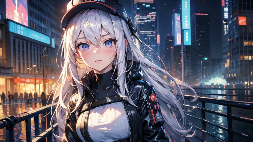 masterpiece, best quality, 4k, UHD, mishoujo, beautiful eyes and detailed face, illustration, beautiful detailed, high resolution illustration, glowing_white_particles, 1girl, white hair, light purple eye, hair over one eye, short sidetail, baseball cap,expressionless, window shade, black jacket, chest rig, cyberpunk, techwear,(Impressionism:1.4), full body portrait, cyberpunk city background, looking serious