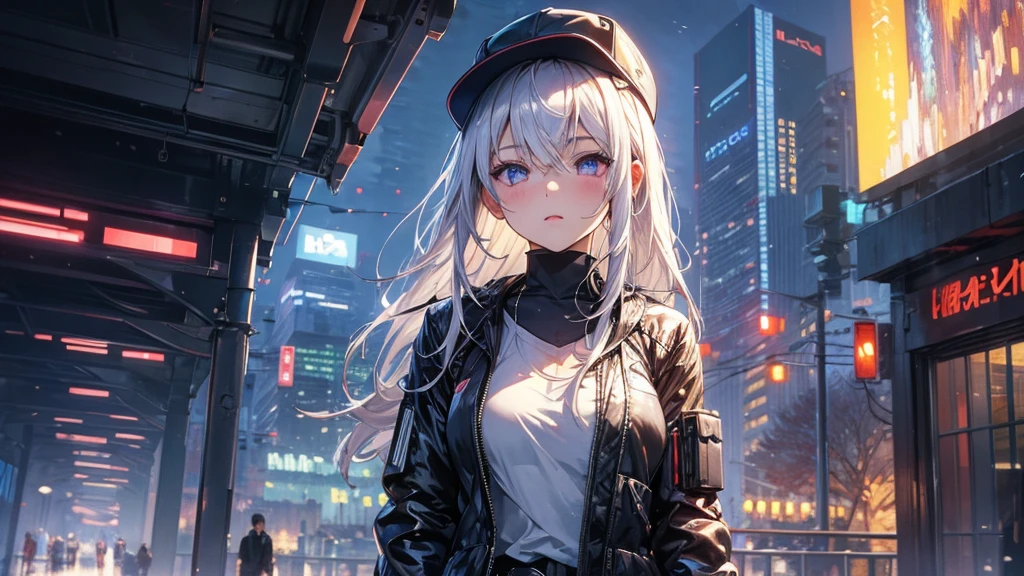 masterpiece, best quality, 4k, UHD, mishoujo, beautiful eyes and detailed face, illustration, beautiful detailed, high resolution illustration, glowing_white_particles, 1girl, white hair, light purple eye, hair over one eye, short sidetail, baseball cap,expressionless, window shade, black jacket, chest rig, cyberpunk, techwear,(Impressionism:1.4), full body portrait, cyberpunk city background, looking serious