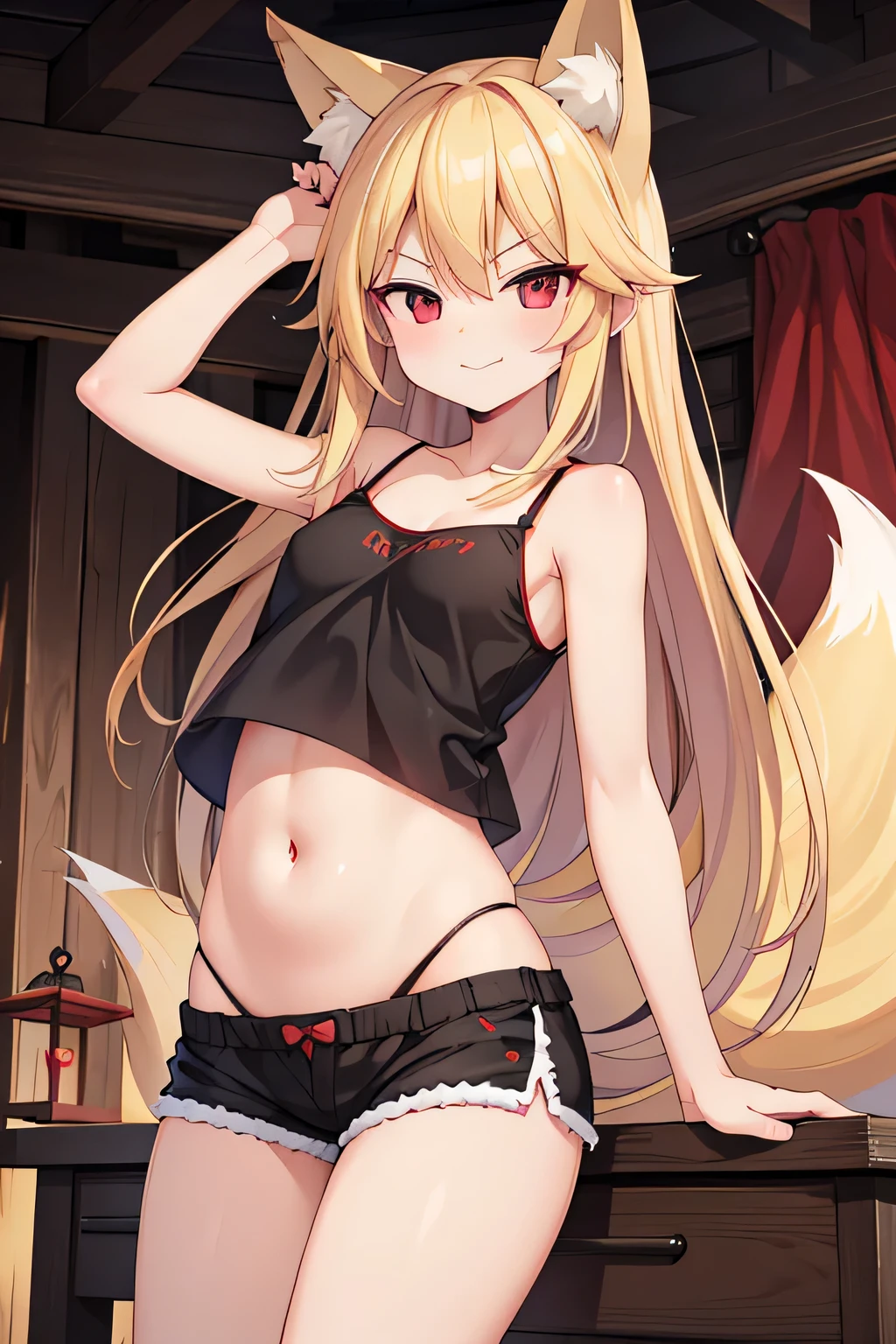 highest quality、Smirking face、Small breasts、belly button、Fox ears、Long blonde、Red Eye、Black camisole、Shorts、shrine