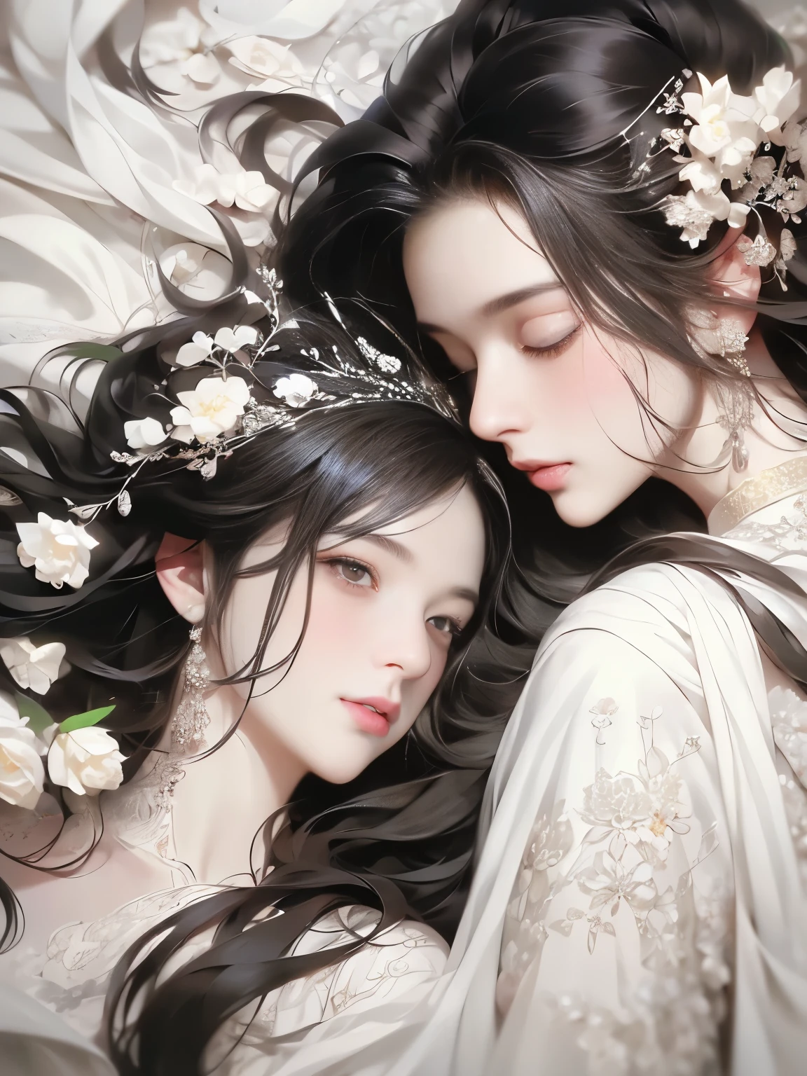 1 girl, Full body image, Black Hair, Flowing hair, Hazy Beauty, Extremely beautiful facial features, White embroidered dress, Hairpin on head, Lying in the flowers,  Perfect hands, White flowers, Simple vector art, Chinese Contemporary Art, Soft Light, Tangled scarf, High angle shot