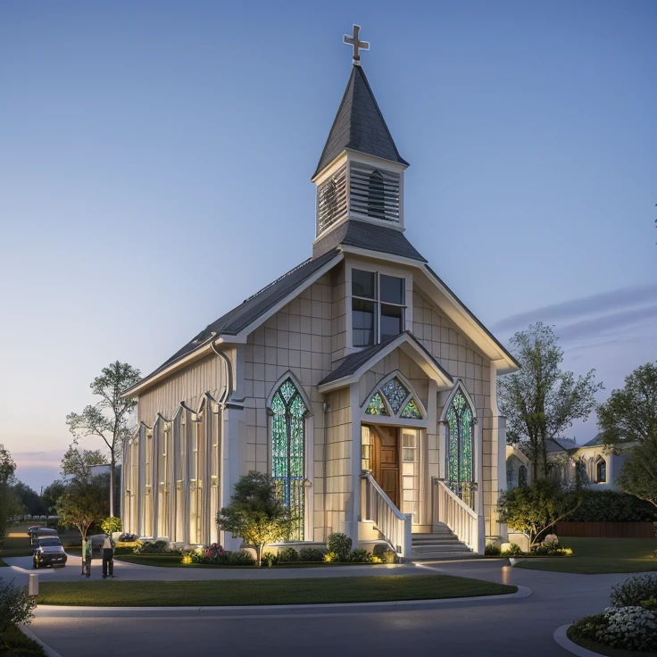 Ultra-realistic 8k, hd image quality, sharp detail, 2-story (((Church :1.3))) house, main materials: white walls, wooden ceiling accents, large glass windows, roads, cars, sidewalks, American Palm trees high, has a small alley, located in a residential area, modern style, shimmering sky, sunset light, feels peaceful, beautiful, close and warm, ((Warm light from indoor:1.3)), (daylight:1.2), perfect lighting,dynamic light,2 large glass doors,((1 large glass window:1.3)), (night light), (colorful flowers in front of the house)