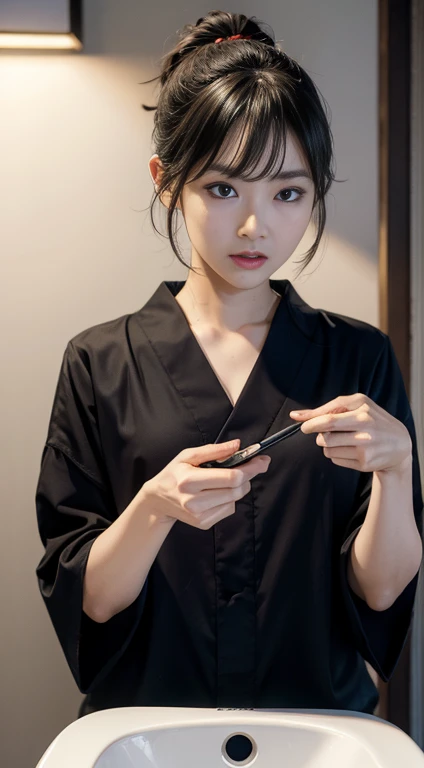 Beautiful Japanese actresses,realism, Surrealism, Written boundary depth, 超High resolution, retina, Anatomically correct, Textured skin, High resolution, highest quality, Super Detail, 8k, I opened my mouth and my eyes,Age 35、Black-haired、Very small toilet,,Hair tied up,Medium Shot,Moaning, Saliva trace, Wide-eyed, (Frowning), (Crazy Eyes,)