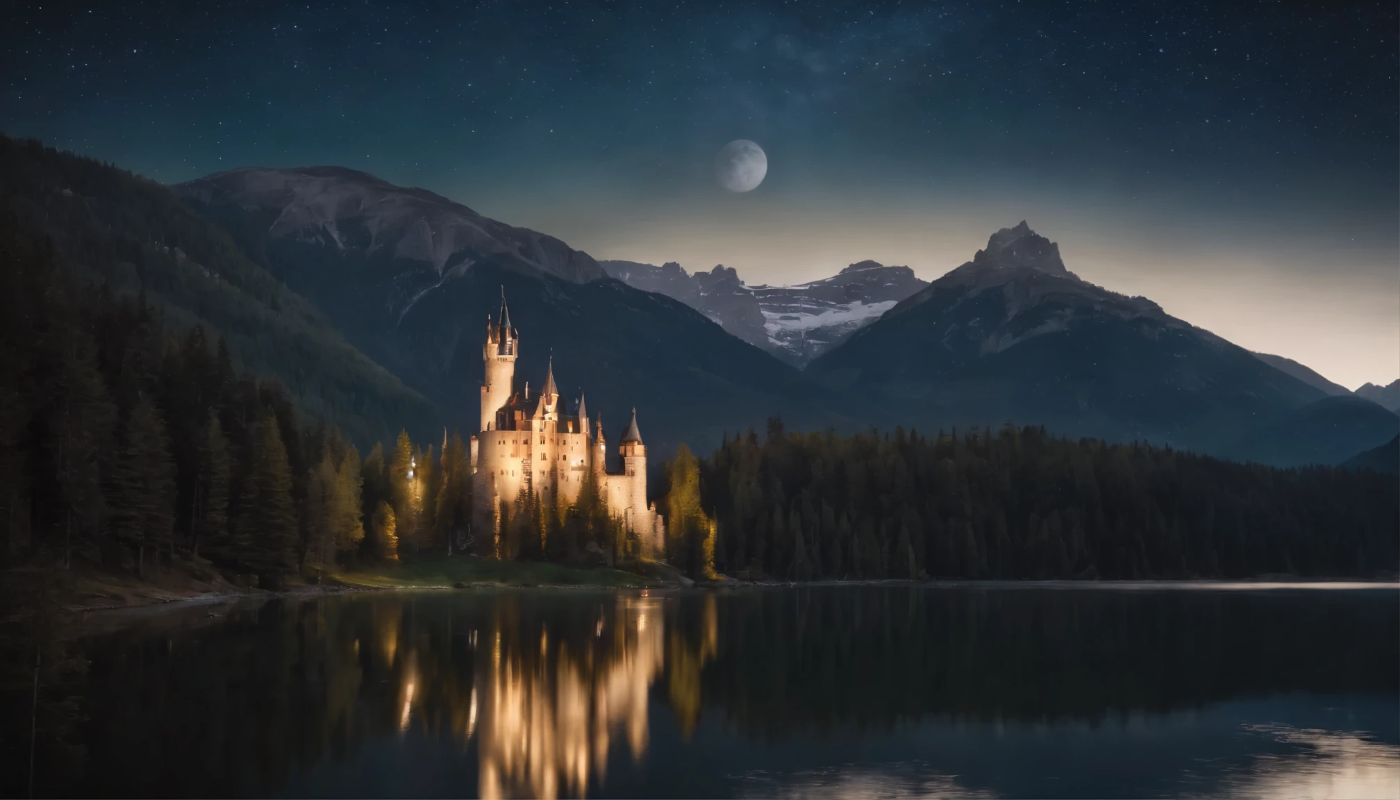 Big castle in the mountains, high towers, forest of nine conifers, lake in front of the castle, dark starry night, the moon