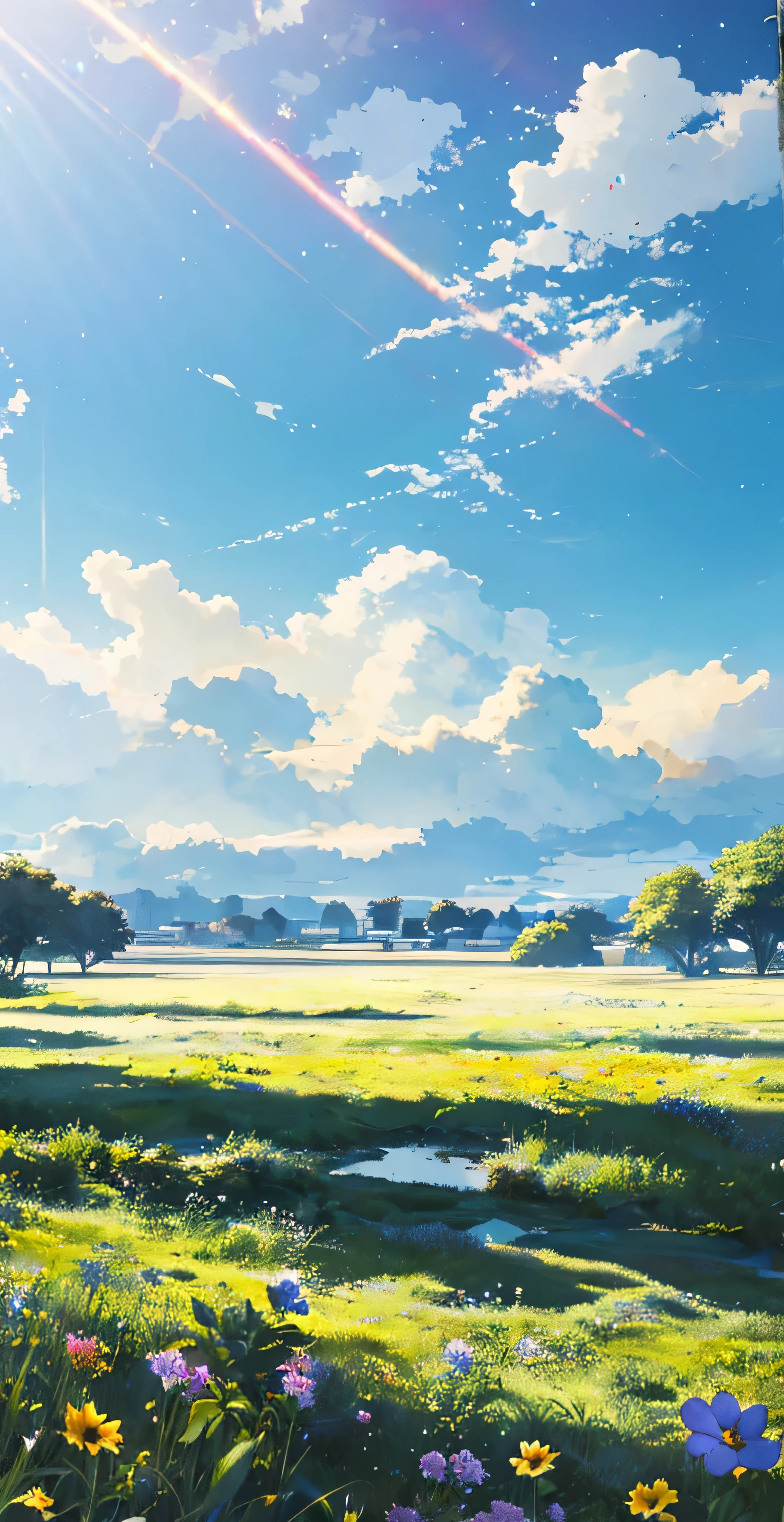 Wide sky, flowers, the beautiful skyline，grass field，strong and dramatic imagery，Moving visuals，the high-hanging Polaris，Colorful natural light，ultra-wide-angle