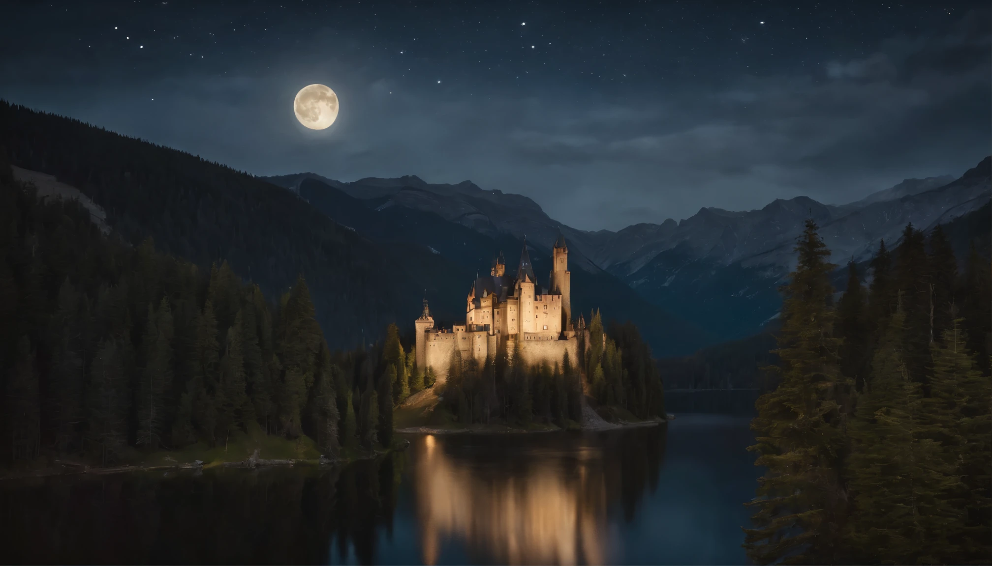 Big castle in the mountains, high towers, forest of nine conifers, lake in front of the castle, dark starry night, the moon