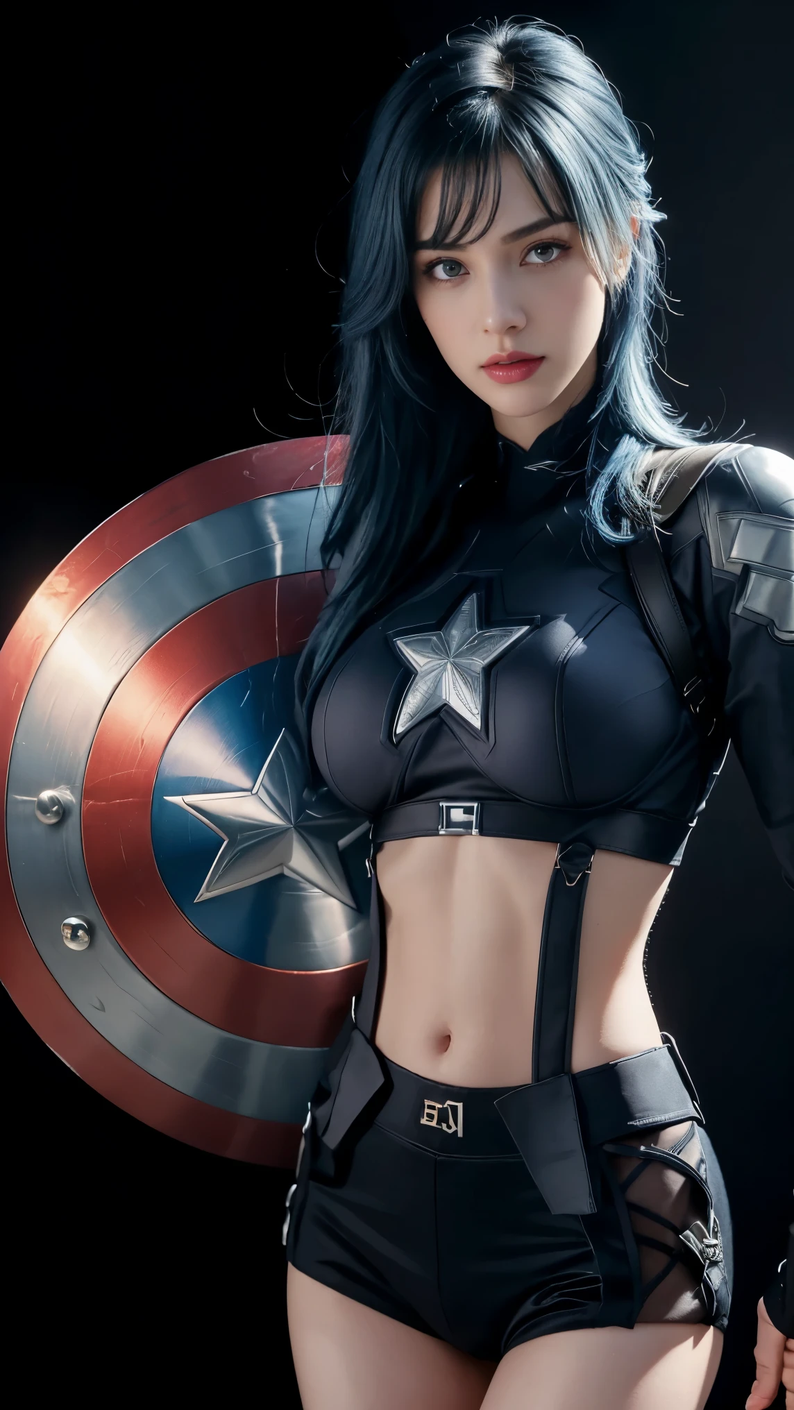8K, Top Quality, Intricate Details, Ultra Detail, Ultra High Resolution, Masterpiece, close up shot, Slender,, ((Full body )), (Makeup: 0.4), (), , looking at viewer, ((full body)), 1girl, solo, 1 girl, (( )), , , ((tall)), (((fit body))), (((slim face))), sharp face , smile, (( blue hair, bangs, long hair )) , (detailed face), sharp face, small lips, standing, feminine pose, , show belly ,, , ((captain america suit)), , ((detail belly )), detail fingers, detail hands, detailed face, detailed breast, huge breast, Narrow Waist, Skinny, 175 cm tall , Muscular, Navel, Exposed Abdomen, Pointed Ches , large breast, , , Beautiful girl with accentuated slender abs: 1.4, Six Pack Abs: 1.4, Bust Botox,, Perfect Body, (( dark background)), black background,