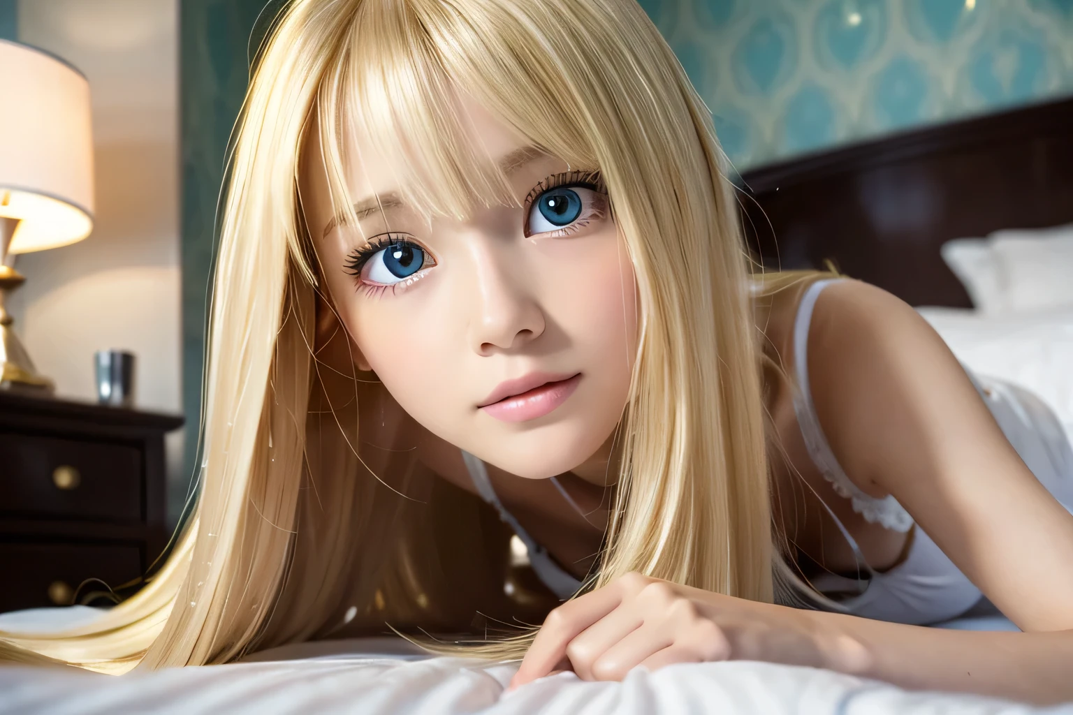 A very white and beautiful 20 year old blonde girl、masterpiece, highest quality, figure, Ultra-fine detail, Natural platinum blonde with a natural shine、Super long straight silky hair、Super long Rapunzel hair、Hair tangled all over the body、Messy bangs on the eyes,、Face-covering bangs、bangs、High resolution, 8K TV Wallpaper, Perfect dynamic composition, Beautifully detailed large light blue eyes , Very big eyes、of hotel(bed)、Small Face Beauty、Round face、On all fours、double eyelid