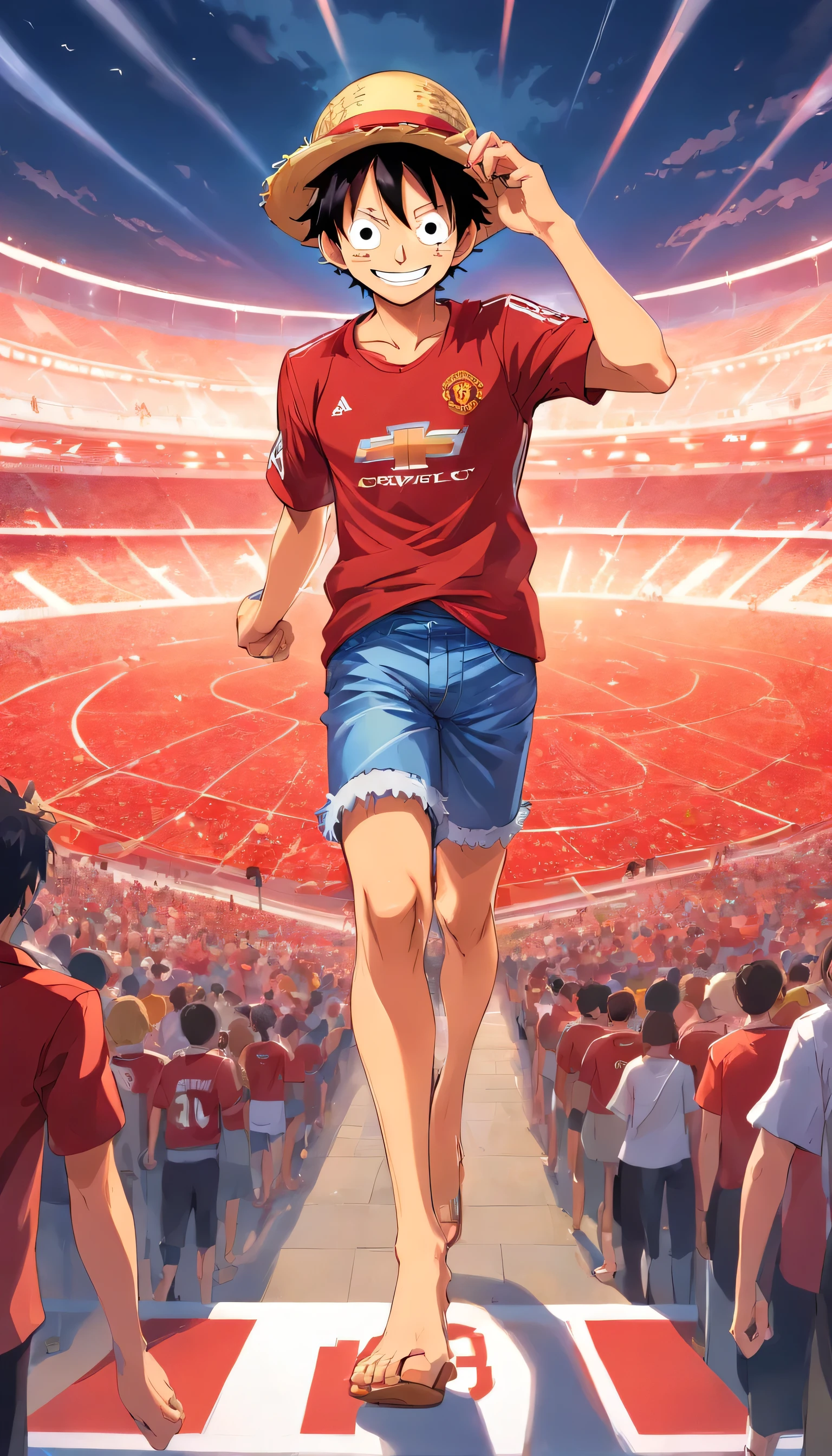 "《one piece》Luffy wears Manchester United No. 5 Maguire shirt, Also wear a straw hat, Standing in the playground, Facing the camera, hand up,He smiles, Do a celebration. "