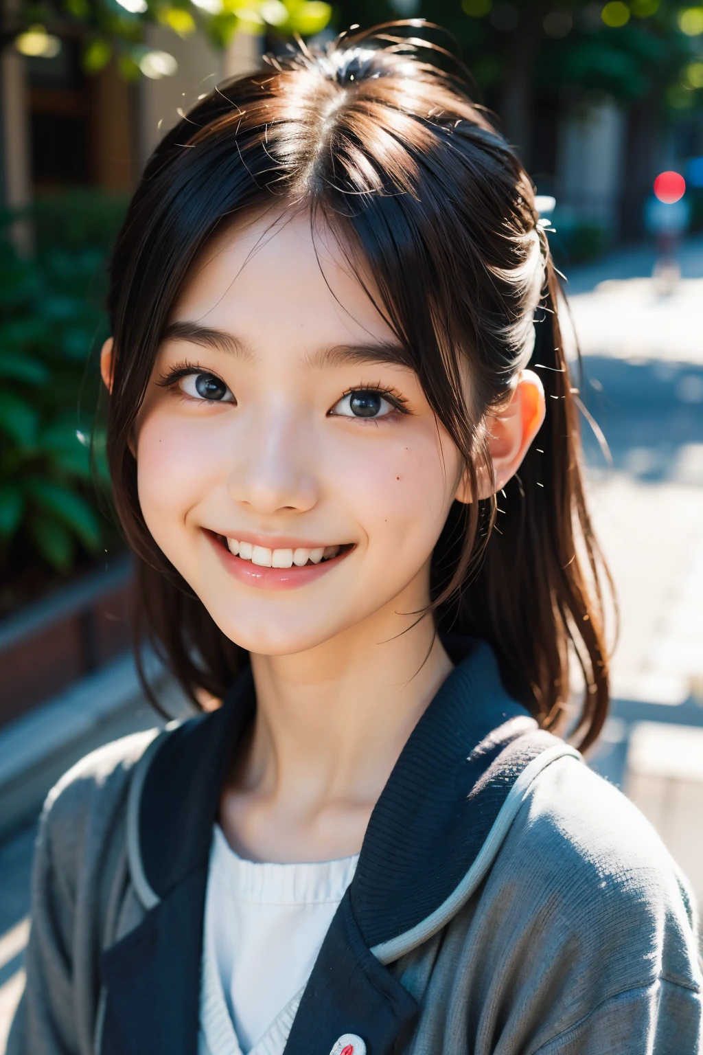 lens: 135mm f1.8, (highest quality),(RAW Photos), (Tabletop:1.1), (Beautiful 18 year old Japan girl), Cute face, (Deeply chiseled face:0.7), (freckles:0.4), dappled sunlight, Dramatic lighting, (Japanese School Uniform), (On campus), shy, (Close-up shot:1.2), (smile),, (Sparkling eyes)、(sunlight)