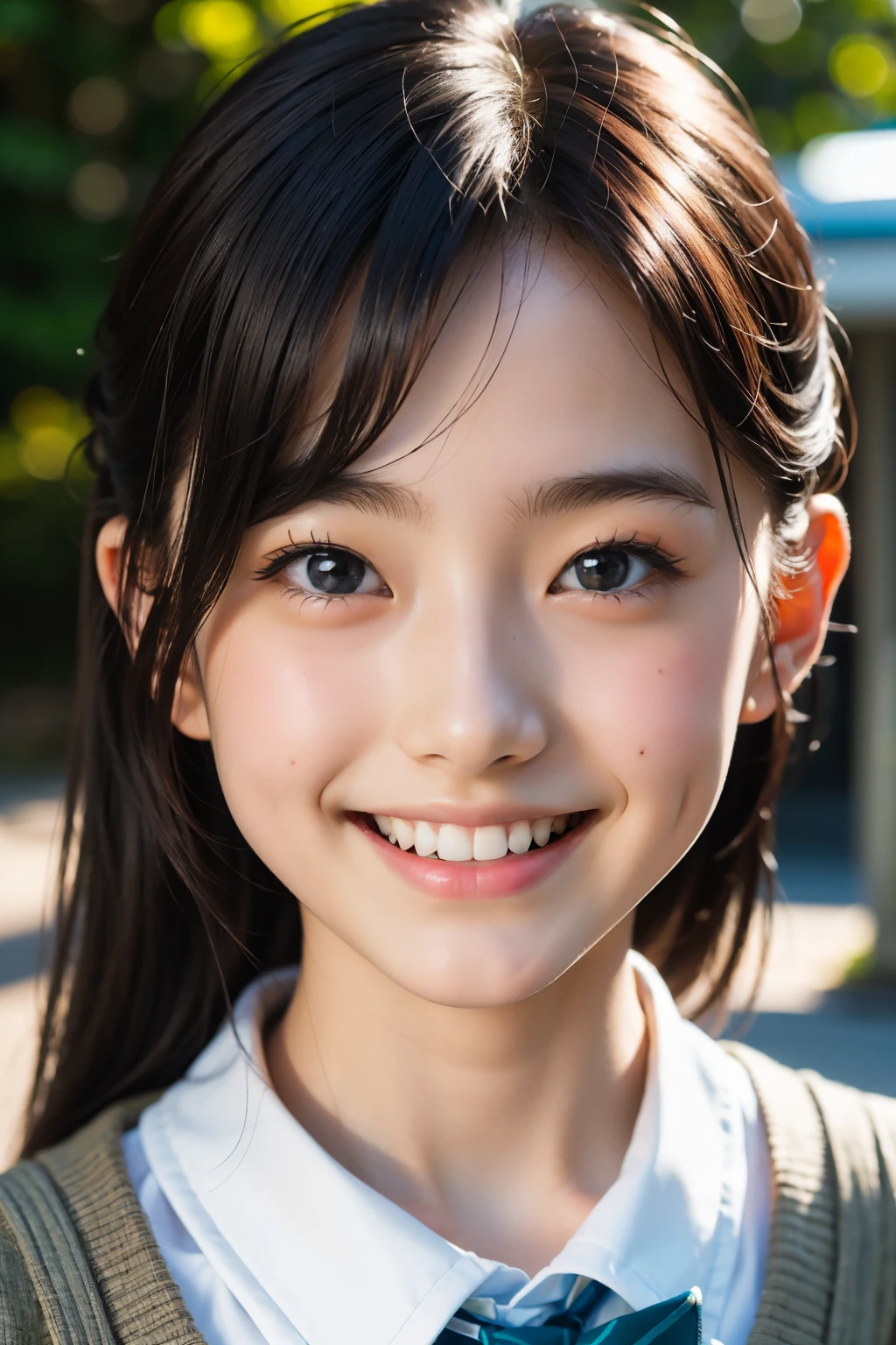 lens: 135mm f1.8, (highest quality),(RAW Photos), (Tabletop:1.1), (Beautiful 18 year old Japan girl), Cute face, (Deeply chiseled face:0.7), (freckles:0.4), dappled sunlight, Dramatic lighting, (Japanese School Uniform), (On campus), shy, (Close-up shot:1.2), (smile),, (Sparkling eyes)、(sunlight)