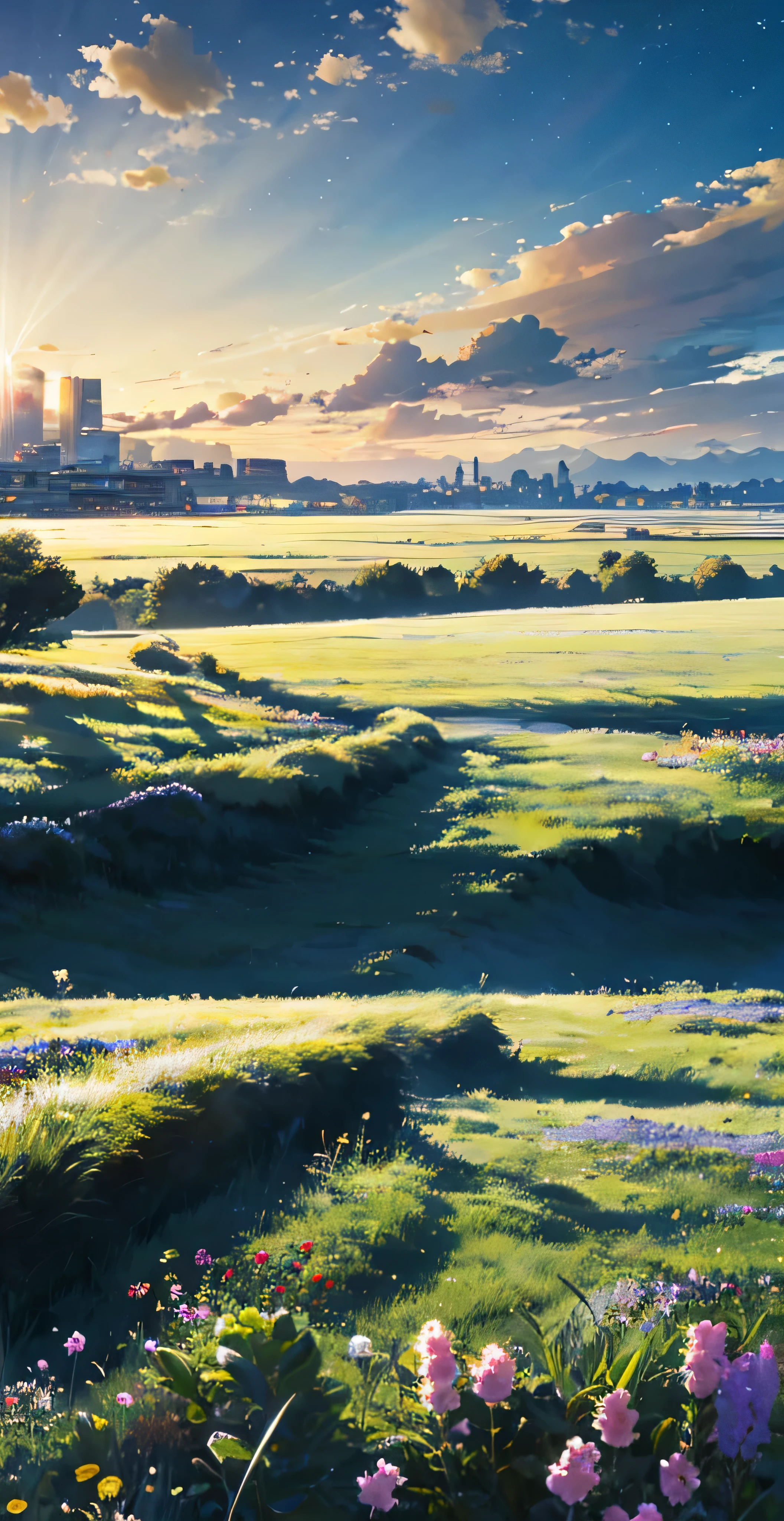 Wide sky, flowers, the beautiful skyline,grass field,strong and dramatic imagery,Moving visuals,the high-hanging Polaris,Colorful natural light,ultra-wide-angle