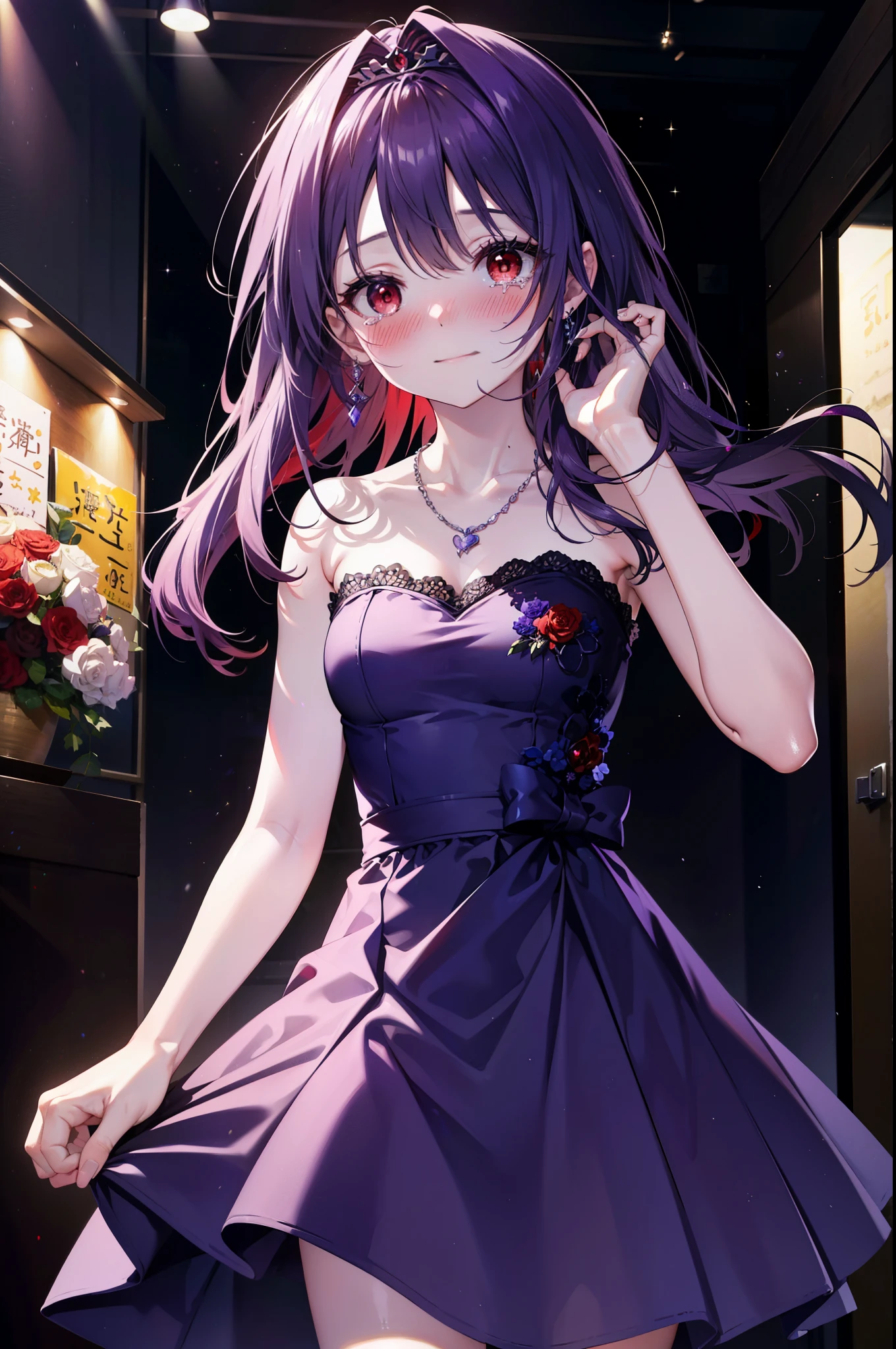 yuukikonno, Yuki Konno,Long Hair, tiara,Pointed Ears, Purple Hair, (Red eyes:1.5), (Small breasts:1.2), smile,Purple Dress,Purple long skirt,Purple stiletto heels,Sleeveless,Expose your shoulders,Bare arms,Bare neck,bare clavicle,She is holding a large bouquet of flowers in both hands.,There is a big cake on the table,Heart Necklace,Tears stream down her face,Tears of joy,I cry a lot,上から下へ覗き込む
break indoors, Party Venue,on stage,
break looking at viewer, Upper Body, (Cowboy Shot:1.5),
break (masterpiece:1.2), highest quality, High resolution, unity 8k wallpaper, (shape:0.8), (Beautiful details:1.6), Highly detailed face, Perfect lighting, Extremely detailed CG, (Perfect hands, Perfect Anatomy),
