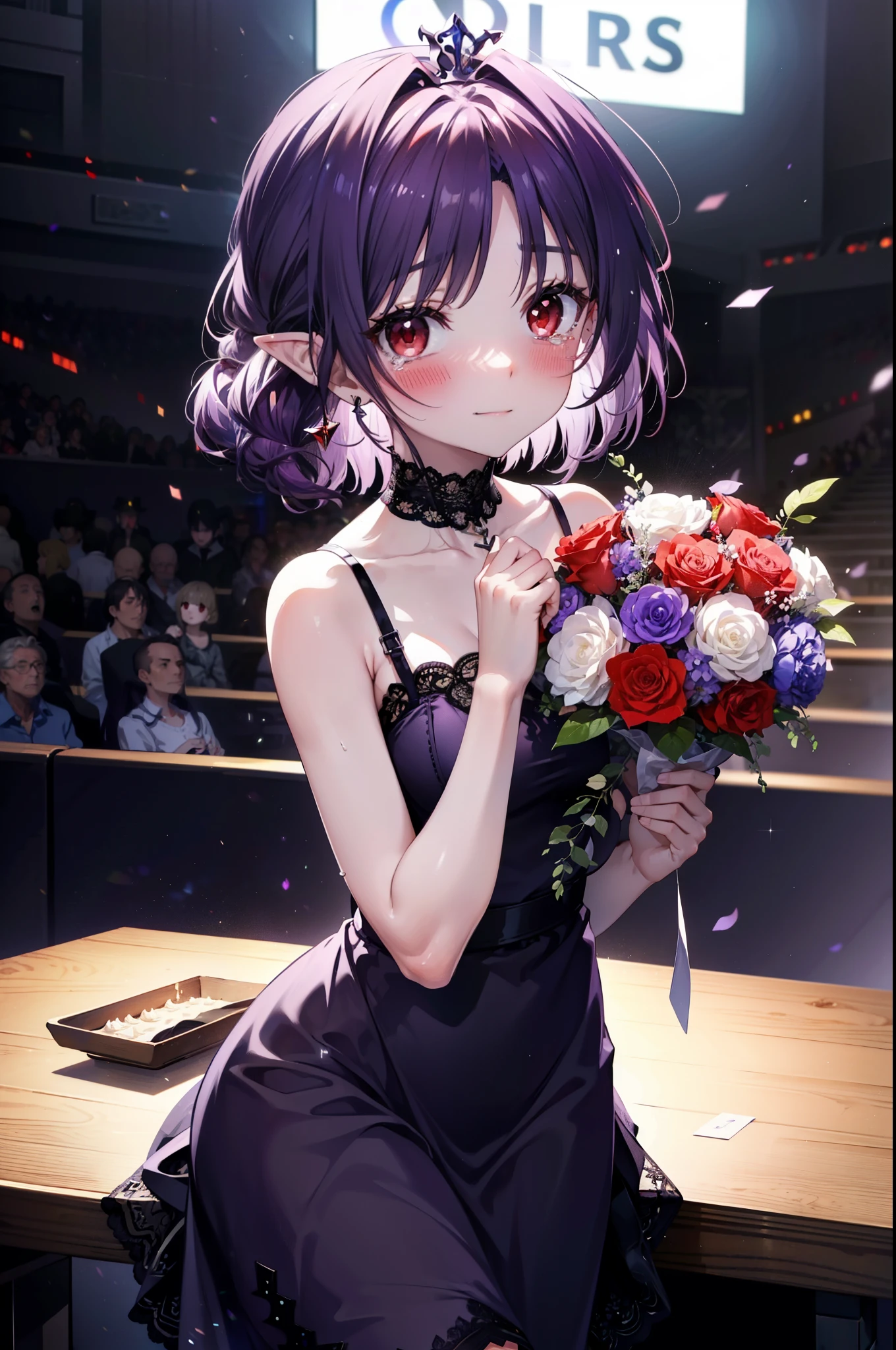 yuukikonno, Yuki Konno,Long Hair, tiara,Pointed Ears, Purple Hair, (Red eyes:1.5), (Small breasts:1.2), smile,Purple Dress,Purple long skirt,Purple stiletto heels,Sleeveless,Expose your shoulders,Bare arms,Bare neck,bare clavicle,She is holding a large bouquet of flowers in both hands.,There is a big cake on the table,Heart Necklace,Tears stream down her face,Tears of joy,I cry a lot,上から下へ覗き込む
break indoors, Party Venue,on stage,
break looking at viewer, Upper Body, (Cowboy Shot:1.5),
break (masterpiece:1.2), highest quality, High resolution, unity 8k wallpaper, (shape:0.8), (Beautiful details:1.6), Highly detailed face, Perfect lighting, Extremely detailed CG, (Perfect hands, Perfect Anatomy),