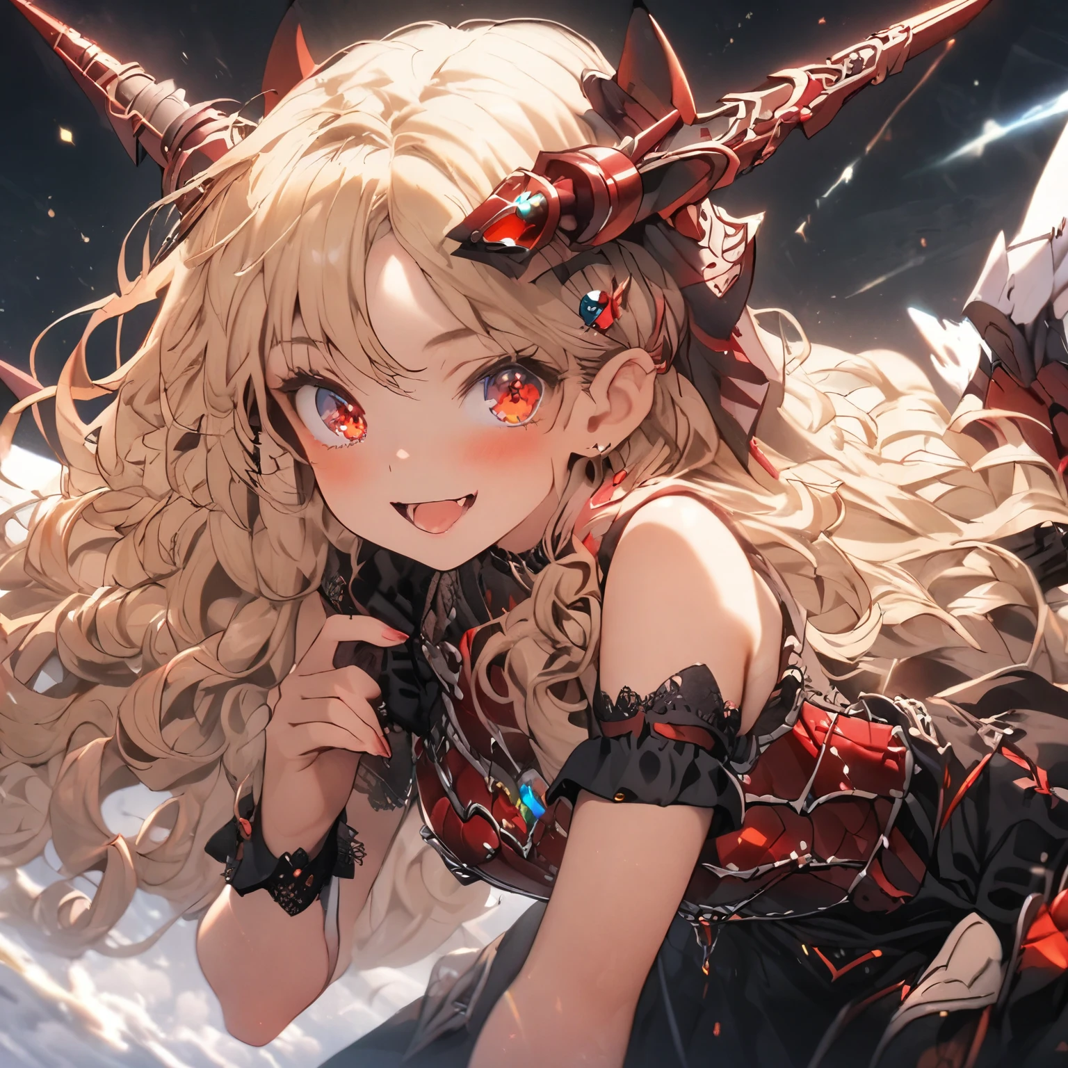 masterpiece, best quality, extremely detailed, high resolution, Japanese anime,1girl,blonde hair, (medium length hair:1.4), side braid hair, curly hair, wavy hair, drill hair, curl outward hair, (mechanical horn:1.5), mechanical wing, (red eyes:1.5), (beautiful detailed eyes:1.4), laugh, 130cm tall, original character, fantasy, (black background:1.2), (full body:1.8), beautiful fingers, standing, (black red lace frill armor dress:1.5), (bejeweled headgear:1.5) , shoot from front, looking at viewer