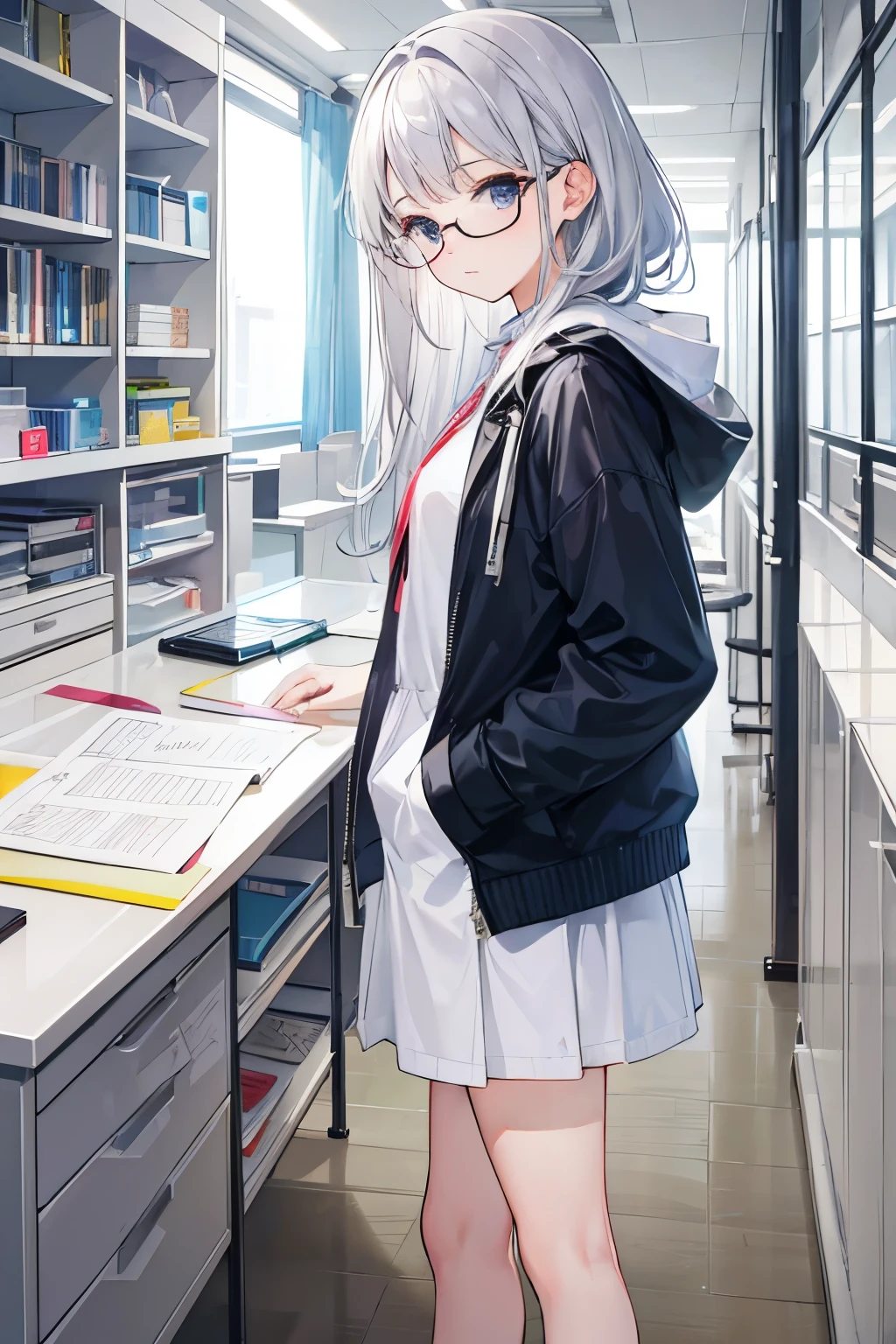 Researcher、girl、White、Research Room、Glasses、I have my hands in my pockets、Silver Hair、