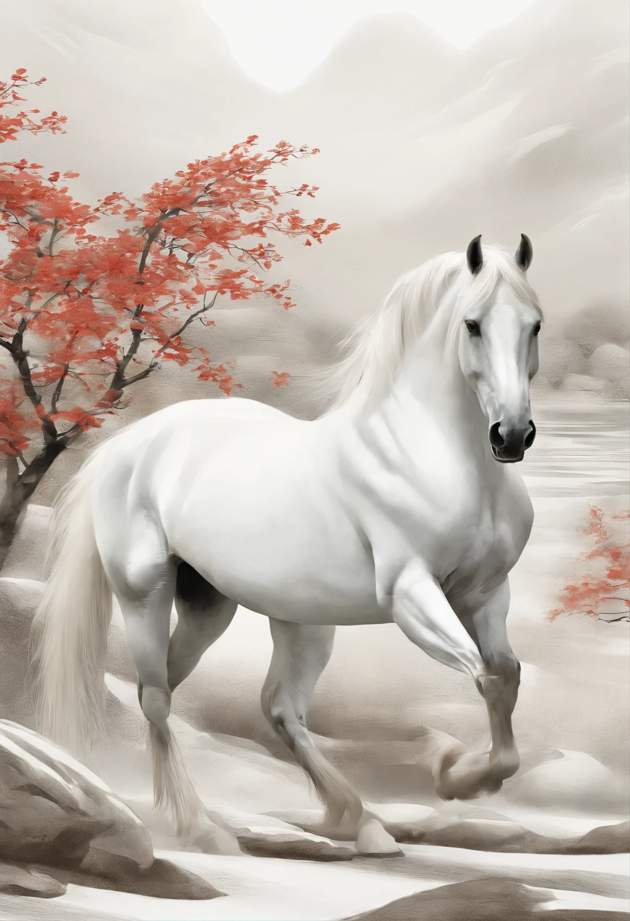 White background , Chinese horses,Ink, Oriental elements, Reasonable design, clear lines
