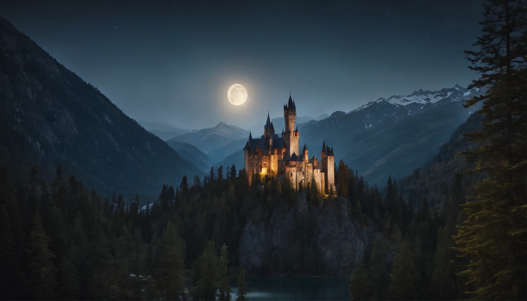 Big castle in the mountains, high towers, forest of nine conifers, lake in front of the castle, dark starry night, the moon
