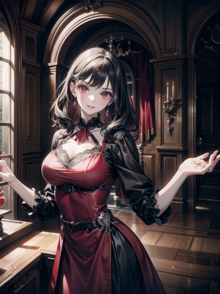 whole body, Gothic red dress, vampire, (in castle), creepy smile, absurdres, RAW photo, extremely delicate and beautiful, masterpiece, Best Quality, ultra high resolution, 32k, hyperrealistic, ultra-detailed, detailed description, pale skin, 20 years old, detailed beautiful face and eyes, tearful mole, earring, Colossal tits, short medium hair, wavy hair,　