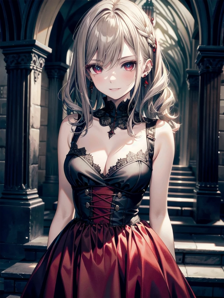 whole body, Gothic red dress, vampire, (in castle), creepy smile, absurdres, RAW photo, extremely delicate and beautiful, masterpiece, Best Quality, ultra high resolution, 32k, hyperrealistic, ultra-detailed, detailed description, pale skin, 20 years old, detailed beautiful face and eyes, tearful mole, earring, Colossal tits, short medium hair, wavy hair,　