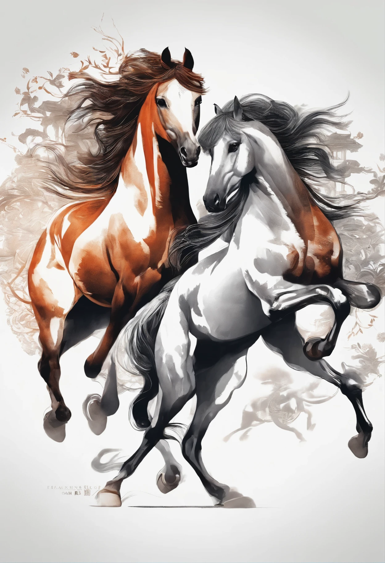 White background , Chinese horses，Ink, Oriental elements, Reasonable design, clear lines