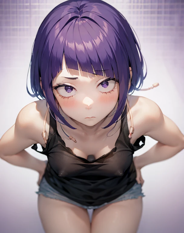 Kyoka Jiro, One girl, alone, chest, blush, short hair, bangs, Simple Background, shirt, White Background, Mouth closed, Purple eyes, clavicle, Lower Body,Purple Hair, Short sleeve, blunt bangs, avert your eyes, t-shirt, pink shirt, Long earlobes、tits