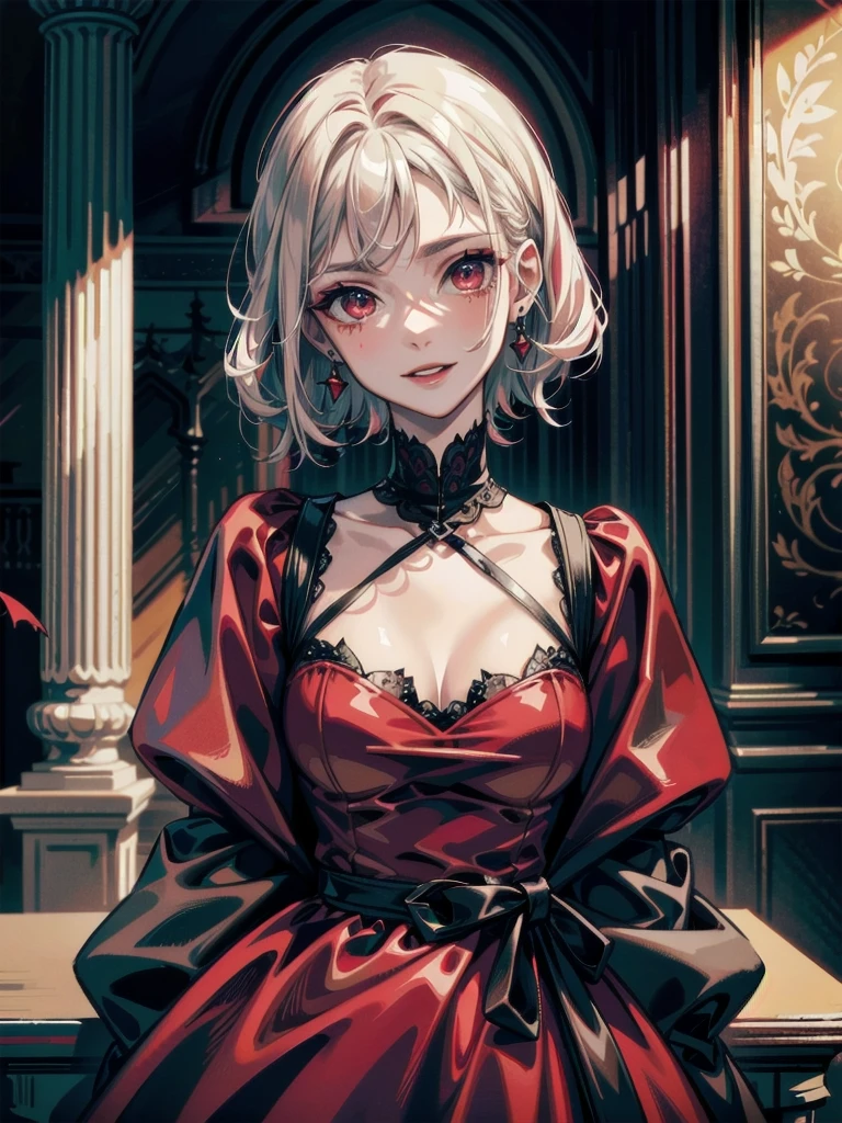 whole body, Gothic red dress, vampire, (in castle), creepy smile, absurdres, RAW photo, extremely delicate and beautiful, masterpiece, Best Quality, ultra high resolution, 32k, hyperrealistic, ultra-detailed, detailed description, pale skin, 20 years old, detailed beautiful face and eyes, tearful mole, earring, Colossal tits, short medium hair, wavy hair,　