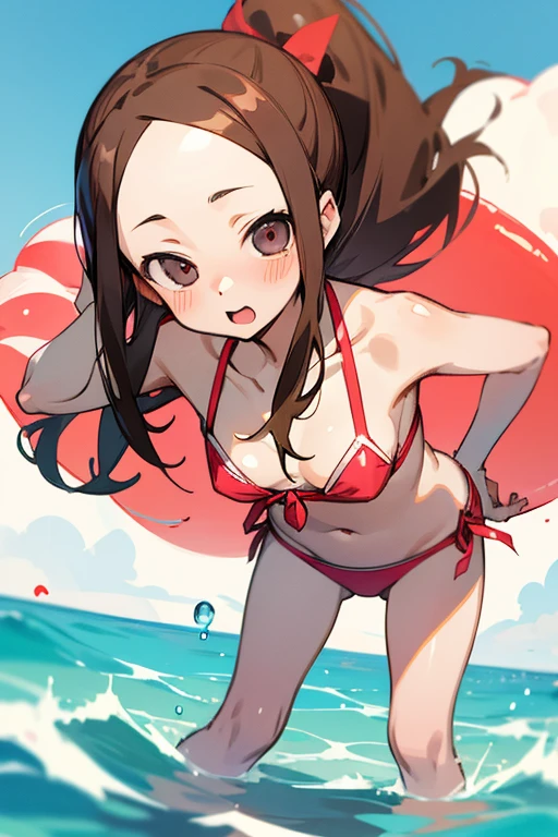 (better quality), [masterpiece], ((beautiful:0.75)  beautiful:0.75), [transparent and clean] pixiv (shape), ((Megumin)), two, squat, midsummer sea, brown hair, red swimsuit、 short hair, red eyes、((sexy))、pointed nipples、belly button、emphasize the muscles of the pussy、slender body、thin body、swimsuit with a small area、masturbation、erect clitoris