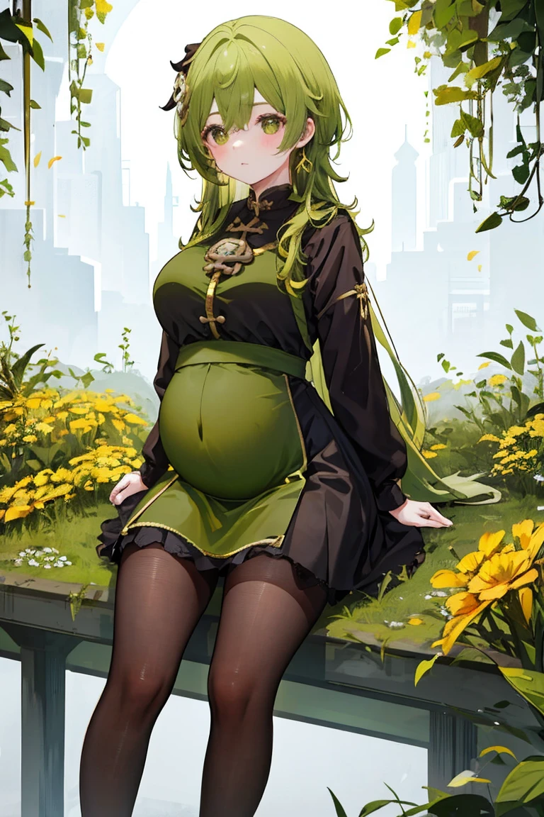 1 Girl,pregnant, Having children,Big big big belly，抱着她的pregnant肚，JK outfit，Sitting，Brown and black tights，Brown pantyhose，Green hair