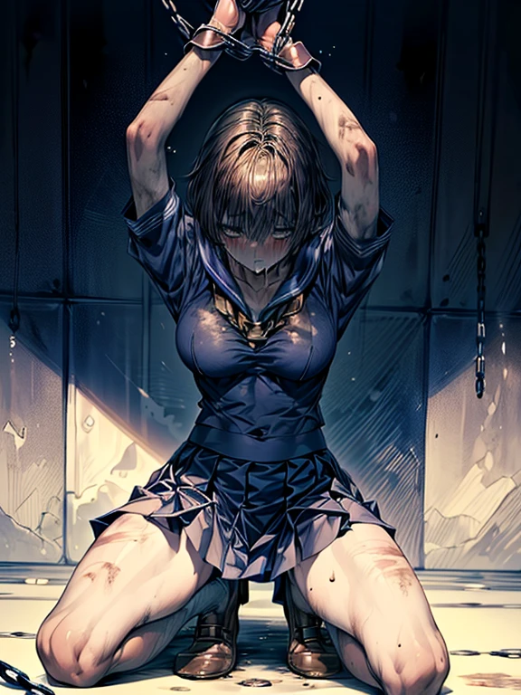 (((Perfect Anatomy, Anatomically correct, Very detailedな肌))), 1 girl, Japanese, high school girl, Shiny skin,
Beautiful Hair, Beautiful Face, Beautiful fine details, (short hair:1.1, Bobcut:1.2), Dark blonde hair:1, blue eyes, Baby Face, Mole under the eye,
Beautiful clavicle, Beautiful body, Beautiful breasts, Large Breasts:0.5, Beautiful thighs, Beautiful feet,
((Short sleeve, Dirty navy sailor suit, Navy Pleated Skirt, Navy sailor collar, Blue Sailor Scarf, socks, Brown Loafers)), Captivating thighs, ,
((be humiliated, Embarrassing, Drooling, Open your mouth)), ((squat, Spread your legs, Raise your hands, Chained hands)),
(Beautiful views), building, 8k against the wall, highest quality, Masterpiece:1.2, Very detailed), (Realistic), Beautiful illustrations, Natural light, (((Incontinent))), (((Peeing))), (((Peeing on your own))), (Pee drips from the crotch), Pee stains