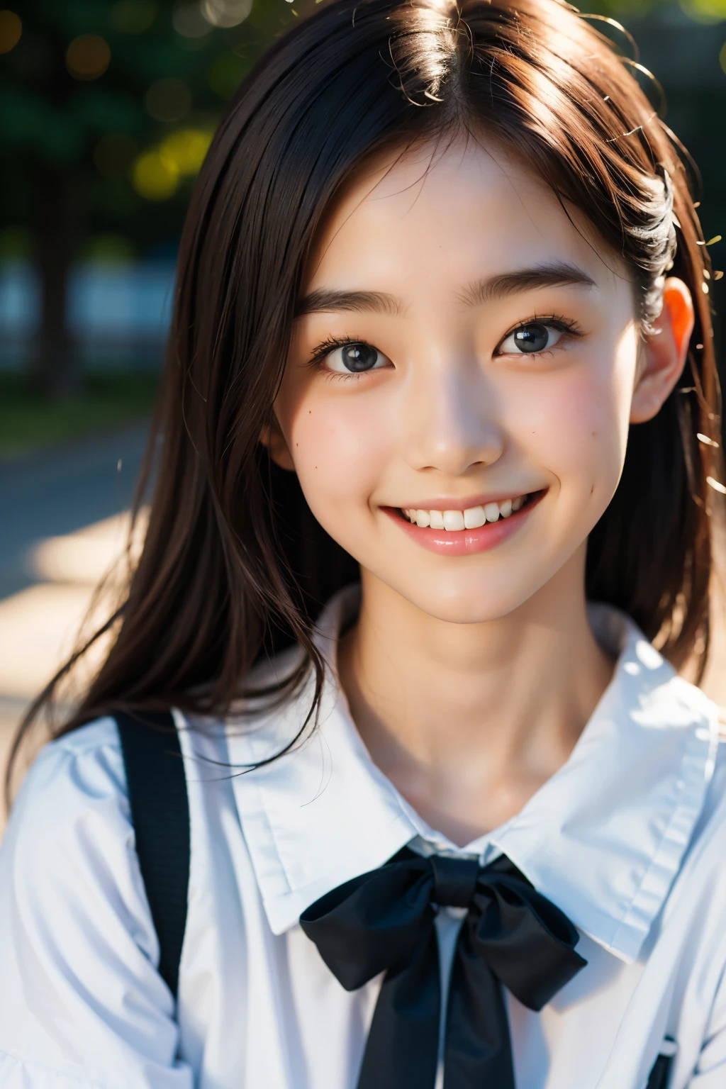 lens: 135mm f1.8, (highest quality),(RAW Photos), (Tabletop:1.1), (Beautiful 19 year old Japanese girl), Cute face, (Deeply chiseled face:0.7), (freckles:0.4), dappled sunlight, Dramatic lighting, (Japanese School Uniform), (On campus), shy, (Close-up shot:1.2), (smile),, (Sparkling eyes)、(sunlight)