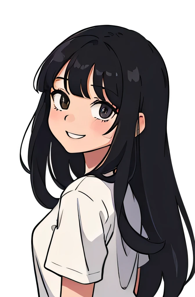 Perfect anime illustration, side view of a girl having long black hair with bangs, wearing a tshirt, standing, looking straight, smiling slightly, close up picture,