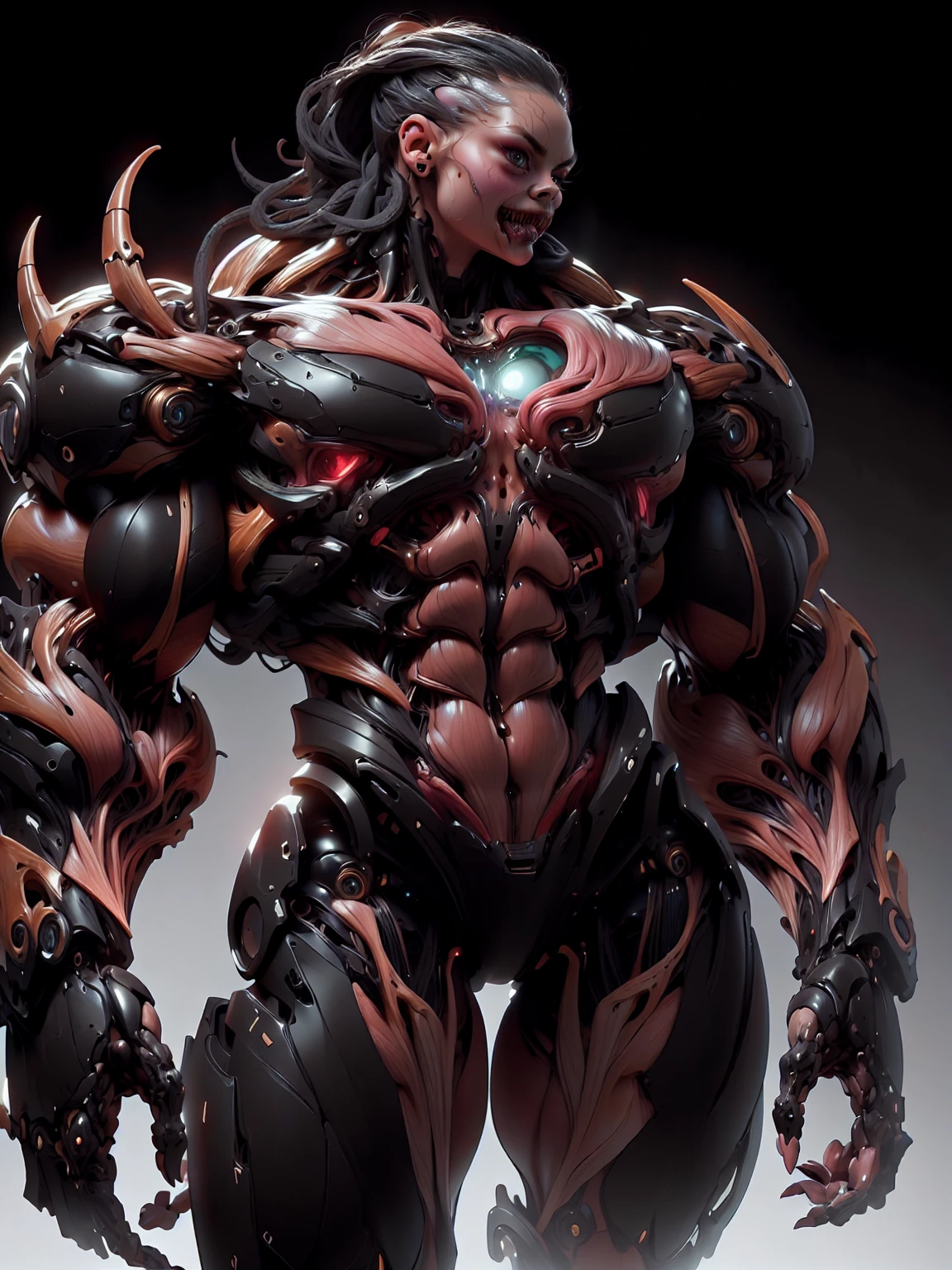 (1 girl), (cara delevingne), (muscular android girl wearing a black anatomic cybernetic muscle suit:1.25), (wide shoulders:1.25), (muscular defined physique:1.25), perfect hands, long hair, large breasts, high resolution image, extreme detail, blank background