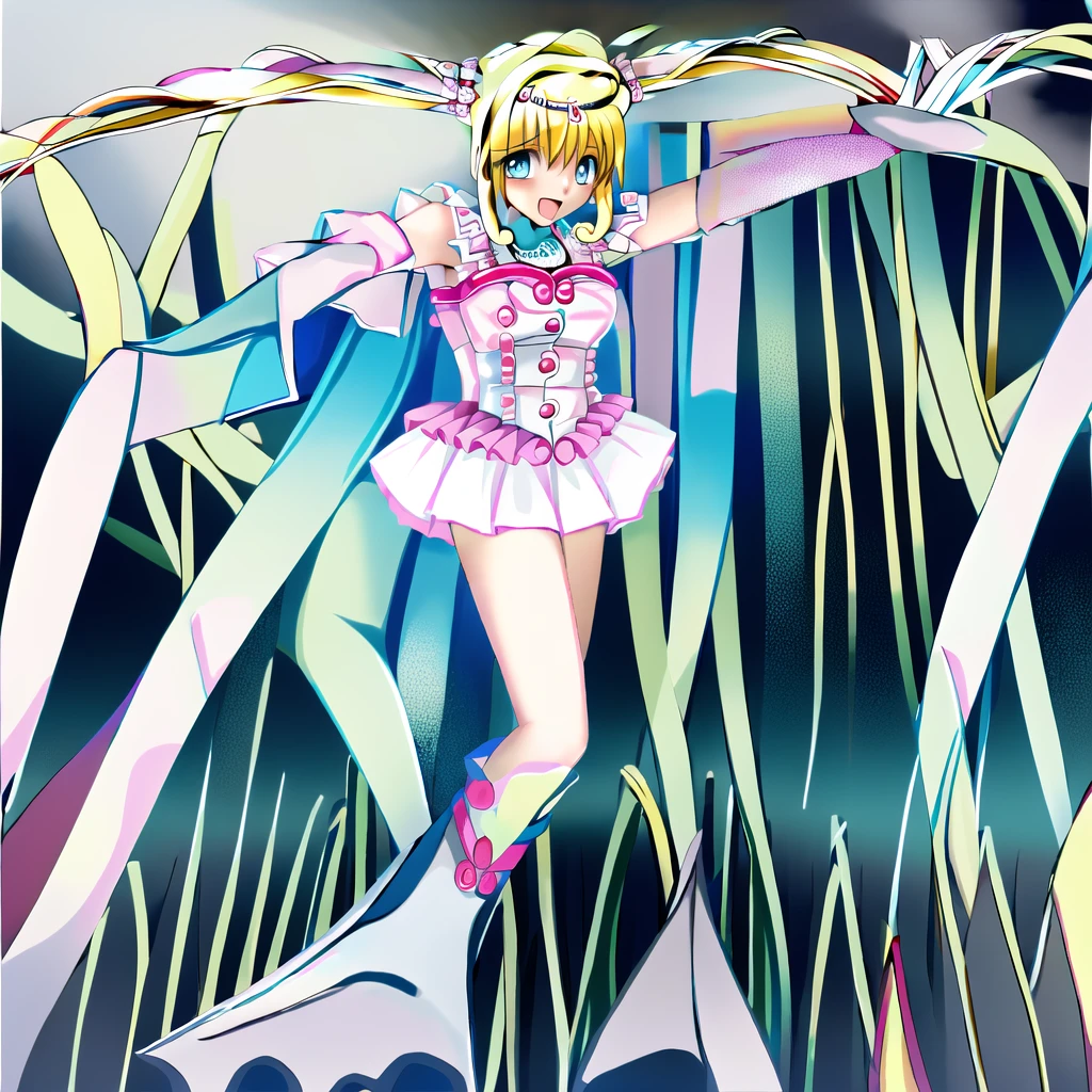 masterpiece, highest quality, High resolution, Hmm., Twin tails, tiara, blue eyes, Long Hair, Ahoge, hair ornaments, Idol, dress, gloves, Are standing, Cowboy Shot, smile, Holding a microphone, Open your mouth, stage, Reaching out,R18,Tentacles,Tentacles拘束,Tentacles挿入,Naughty attack,Ecstasy,Costume damage,Naughty expression,View from below,Heroine in Trouble,Energy Drain,Untransform,