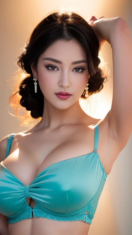 (extra large breasts: 1.6), very detailed and beautiful, masterpiece, highest quality, ultra high resolution, 16k, realistic, ultra detailed, 1 girl, forehead, dark hair, solo, ((very voluptuous glamor) ), Squinted eyes, dark eyes, sparkling eyes, black hair, gloves, dress, luxurious jewelry, earrings, piercing eyes, elbow grooves, hair tied up with hands up, random colored silk off-shoulder bra that clings tightly to the body, Silk short dresses in random colors, various and bold postures, long eye makeup, narrow eyes, smiles, lipstick, complex petal patterns, rim lights, backlights, pastel colors, studio lighting.